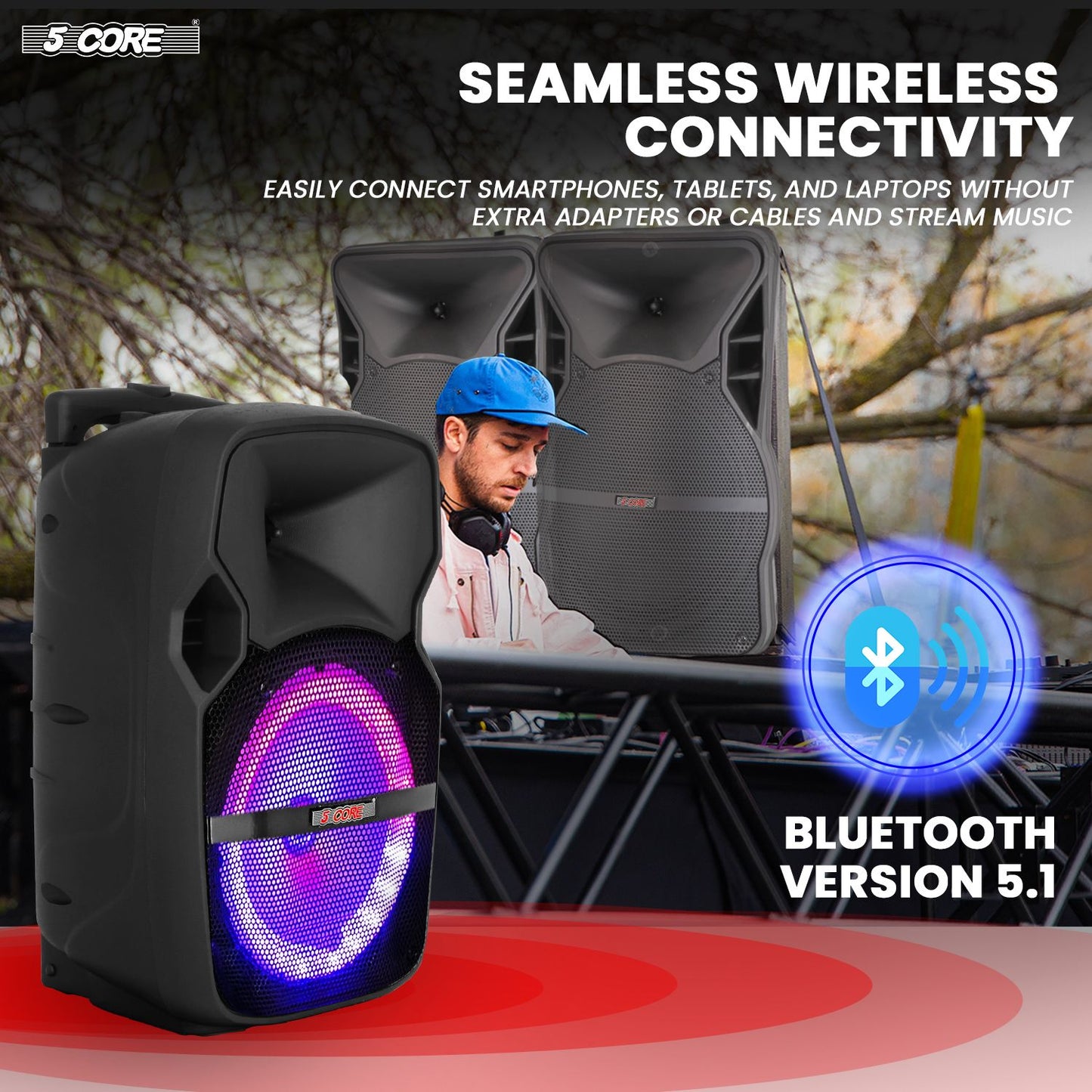 5 Core 10 inch PA Portable Bluetooth Party Speaker Karaoke Boombox + 2 Wireless Mics : ACTIVE HOME 10 2-MIC - Discount Msrp
