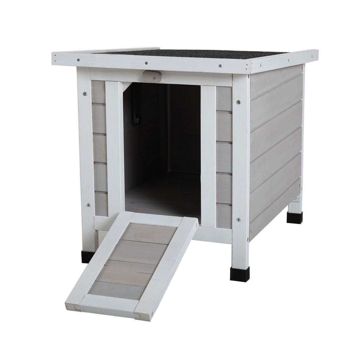 Modern Wooden Rabbit Cat Dog Hutch, Indoor/Outdoor Retreat House with Openable Roof for Small Pets, Weatherproof, Gray - Discount Msrp