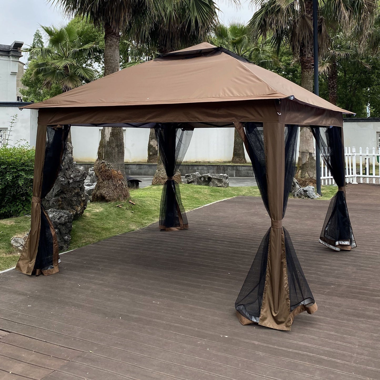 Outdoor 11x 11Ft Pop Up Gazebo Canopy With Removable Zipper Netting,2-Tier Soft Top Event Tent,Suitable For Patio Backyard Garden Camping Area with 4 Sandbags,Brown - Discount Msrp