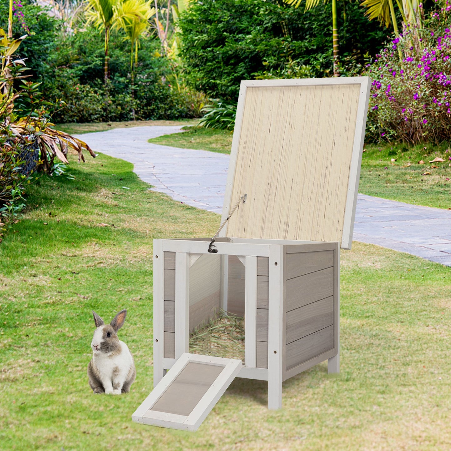 Modern Wooden Rabbit Cat Dog Hutch, Indoor/Outdoor Retreat House with Openable Roof for Small Pets, Weatherproof, Gray - Discount Msrp