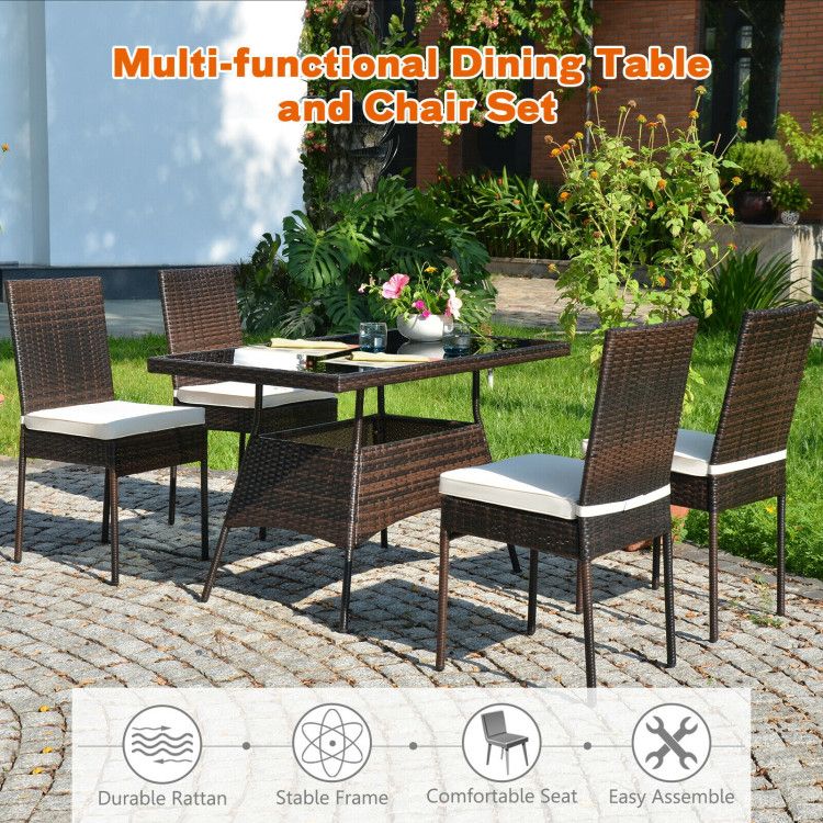 5 Pieces Rattan Dining Set with Glass Table and High Back Chair - Discount Msrp