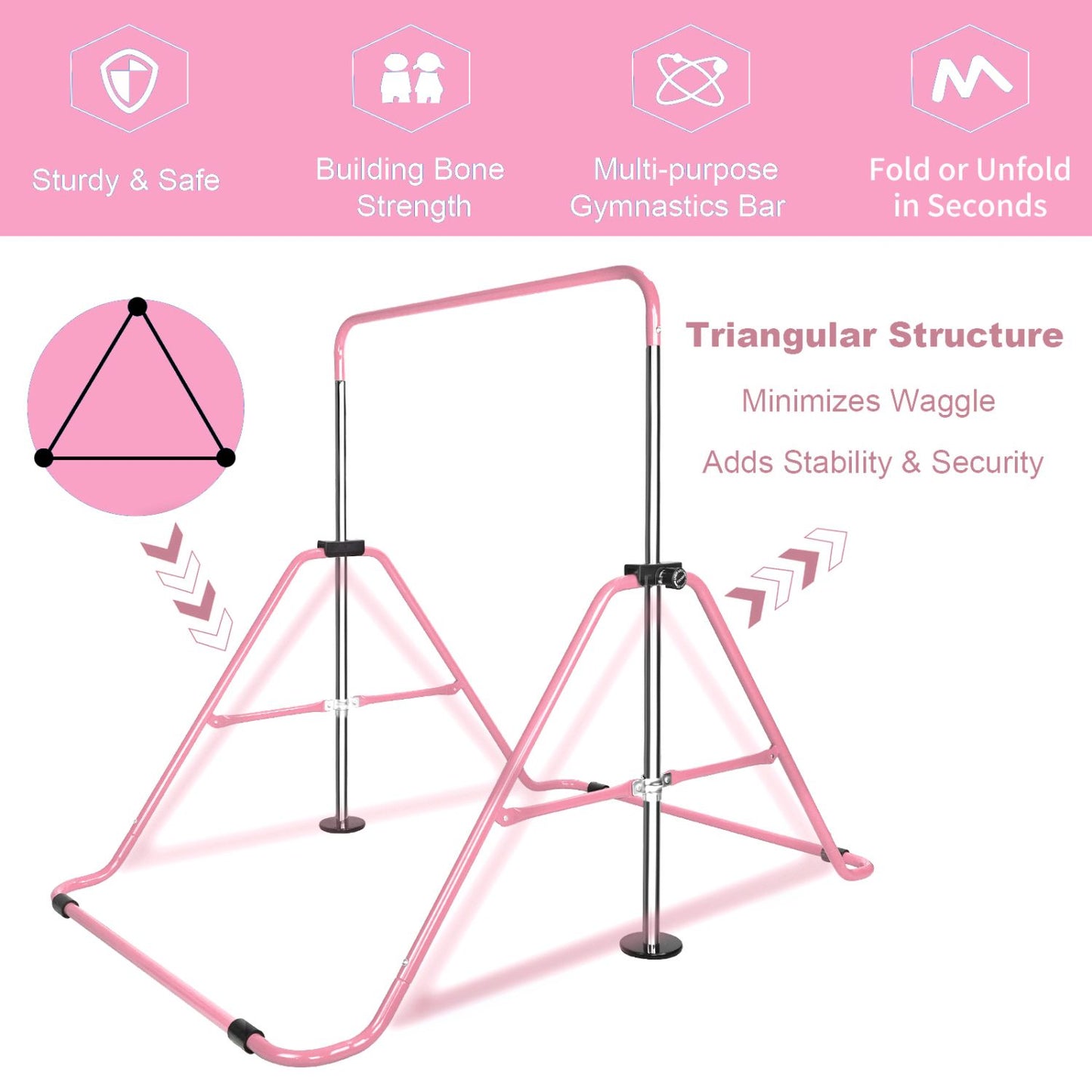 Pink Multi-Functional Adjustable Height Children's Horizontal Gymnastic Bar With Bear Rings - Discount Msrp