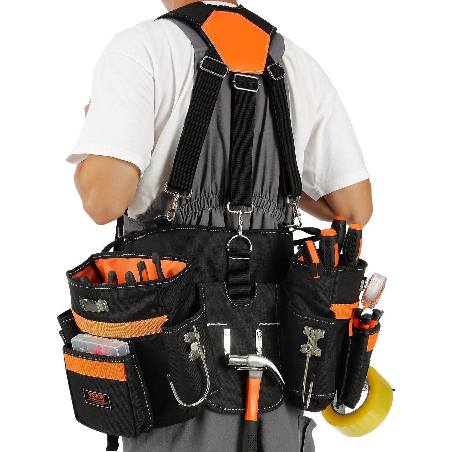 VEVOR Tool Belt with Suspenders, 29 Pockets, 29-54 inches Adjustable Waist Size, Tool Belts for Men, 600D Polyester Heavy Duty Carpenter Tool Pouch for Carpenters, Electricians, and Gardening, Black - Discount Msrp