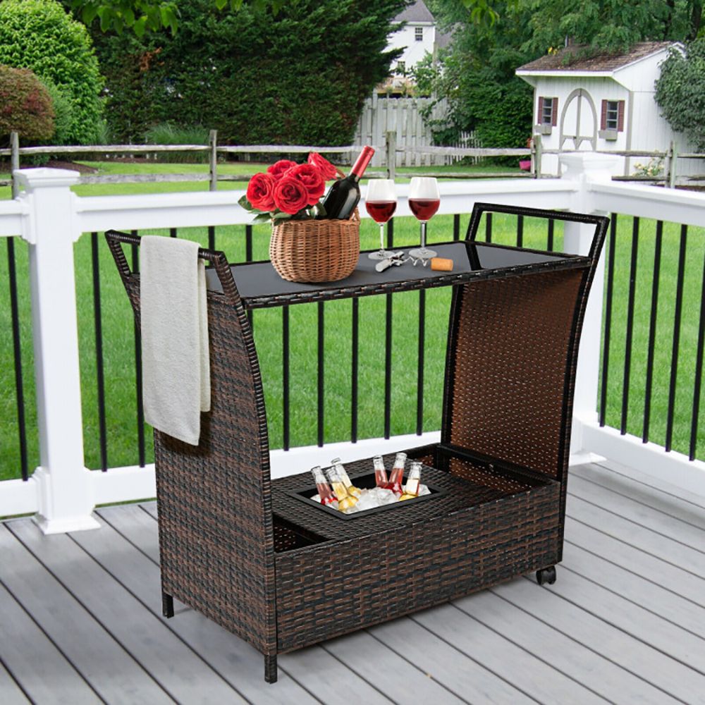 Patio Rattan Bar Serving Cart with Glass Top and Handle - Discount Msrp