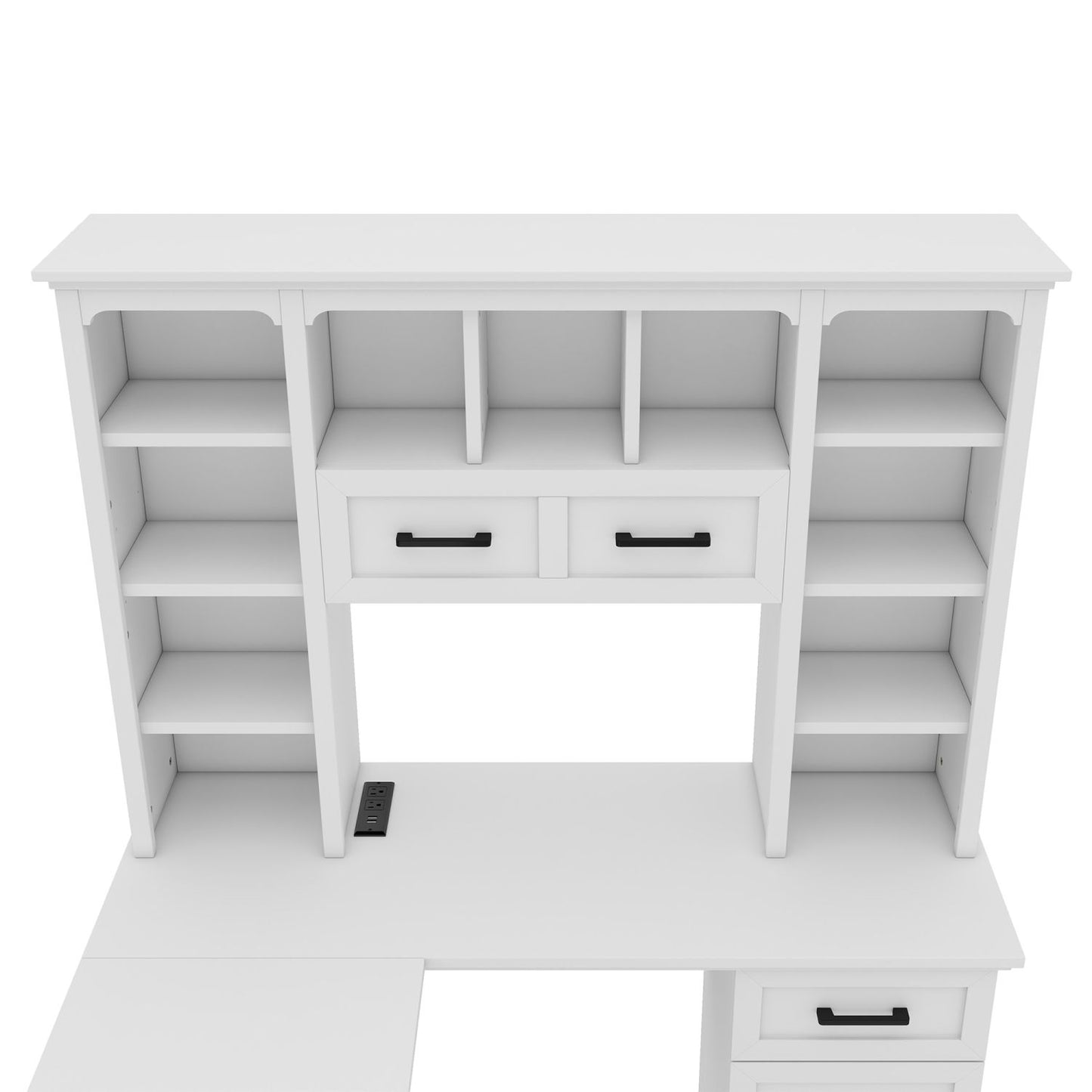 L-Shaped Computer Desk with 2 Cabinets and 2 Drawers, 11 Open Shelves and 1 Right Flip Shelf with Storage, with Power Outlet, for Study, Living Room and Office, White - Discount Msrp