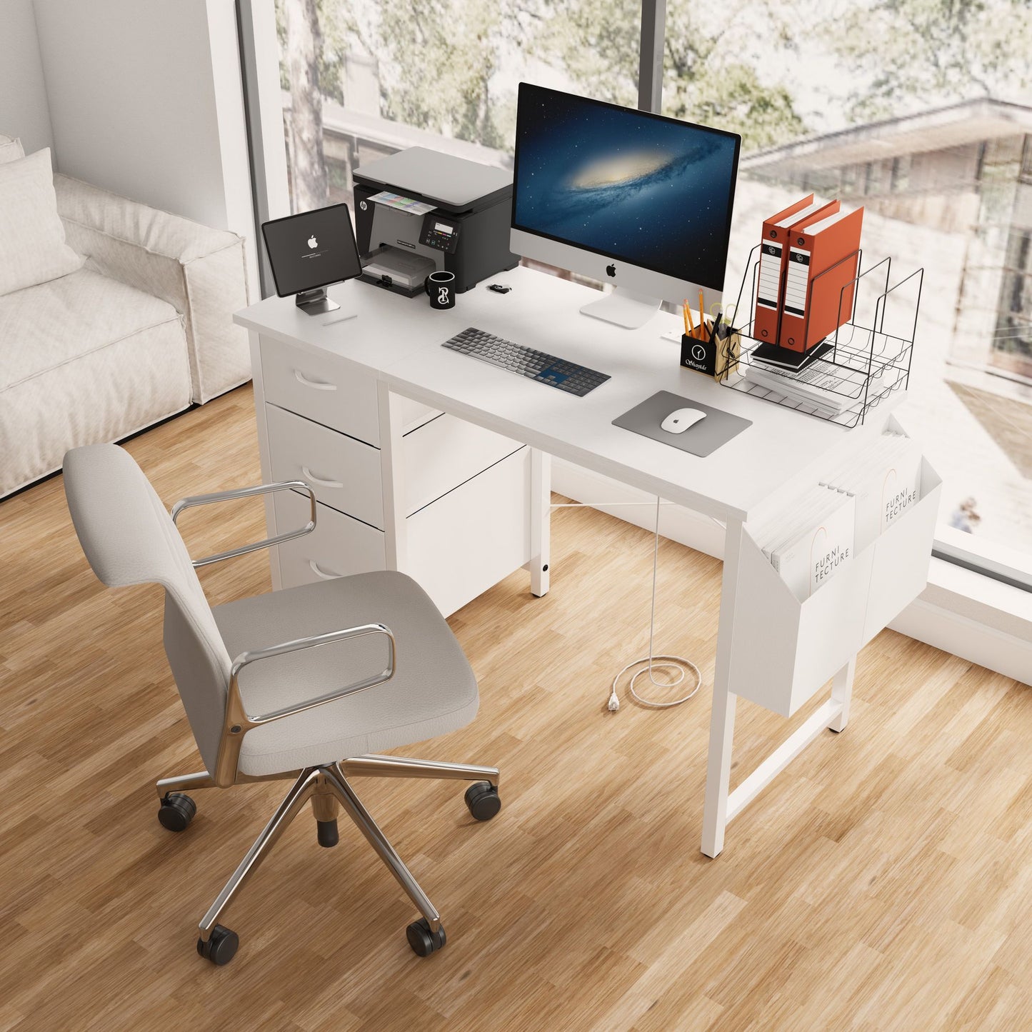 47"office desk with power outlet,3 drawers,Side Pocket, Study Desk Easy to Assemble,Frame stability Reversible for home desk, company computer desk, game table,Vanity table, white - Discount Msrp