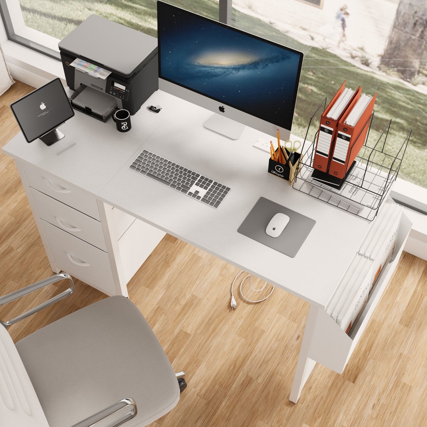 47"office desk with power outlet,3 drawers,Side Pocket, Study Desk Easy to Assemble,Frame stability Reversible for home desk, company computer desk, game table,Vanity table, white - Discount Msrp