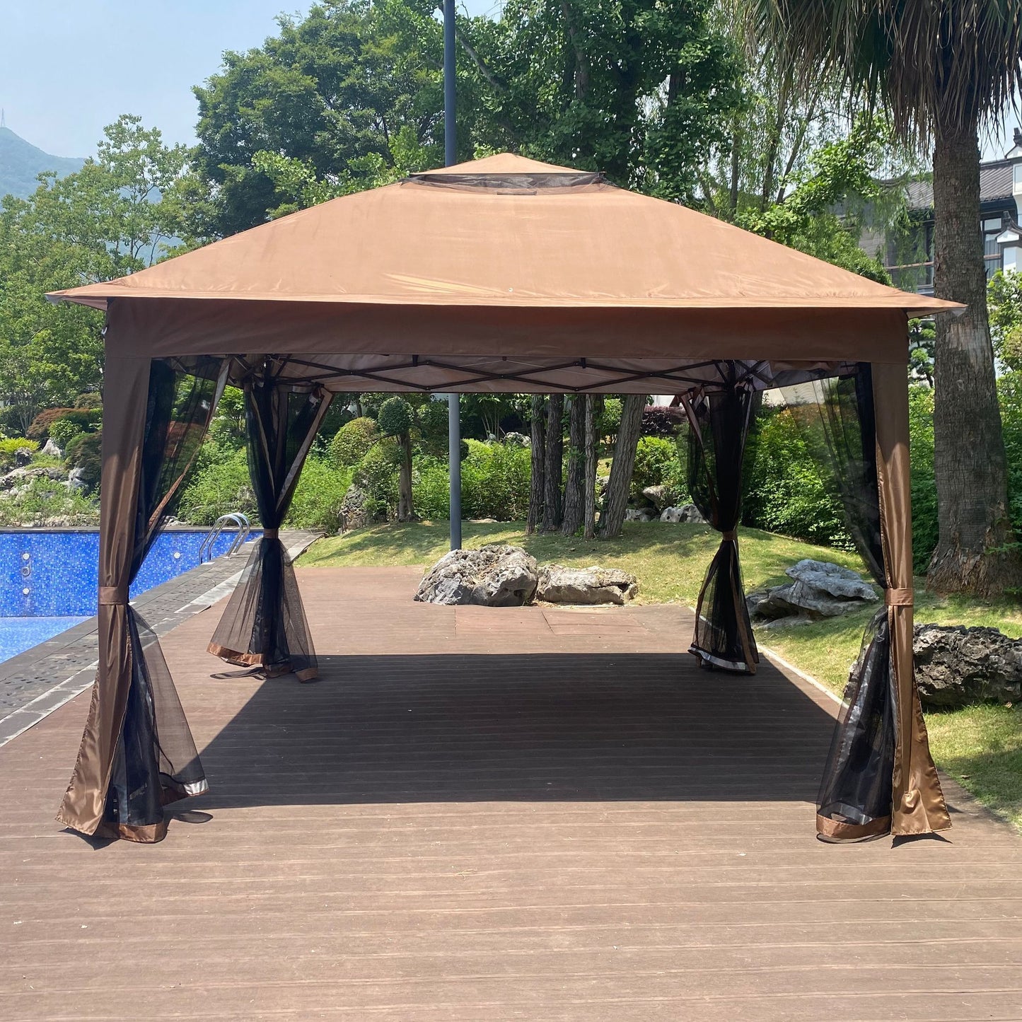 Outdoor 11x 11Ft Pop Up Gazebo Canopy With Removable Zipper Netting,2-Tier Soft Top Event Tent,Suitable For Patio Backyard Garden Camping Area with 4 Sandbags,Brown - Discount Msrp