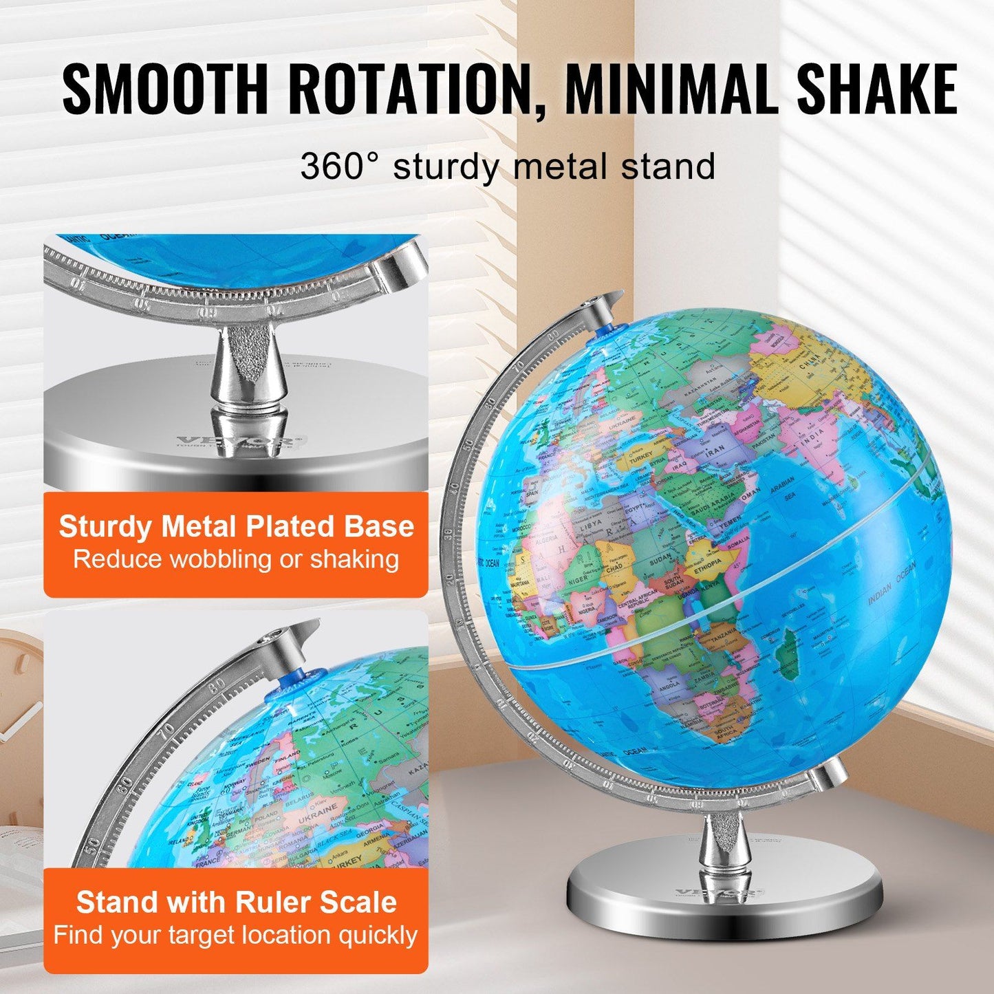 VEVOR Rotating World Globe with Stand, 8 in/203.2 mm, Educational Geographic Globe with Precise Time Zone ABS Material, 360° Spinning Globe for Kids Children Learning Classroom Geography Education - Discount Msrp