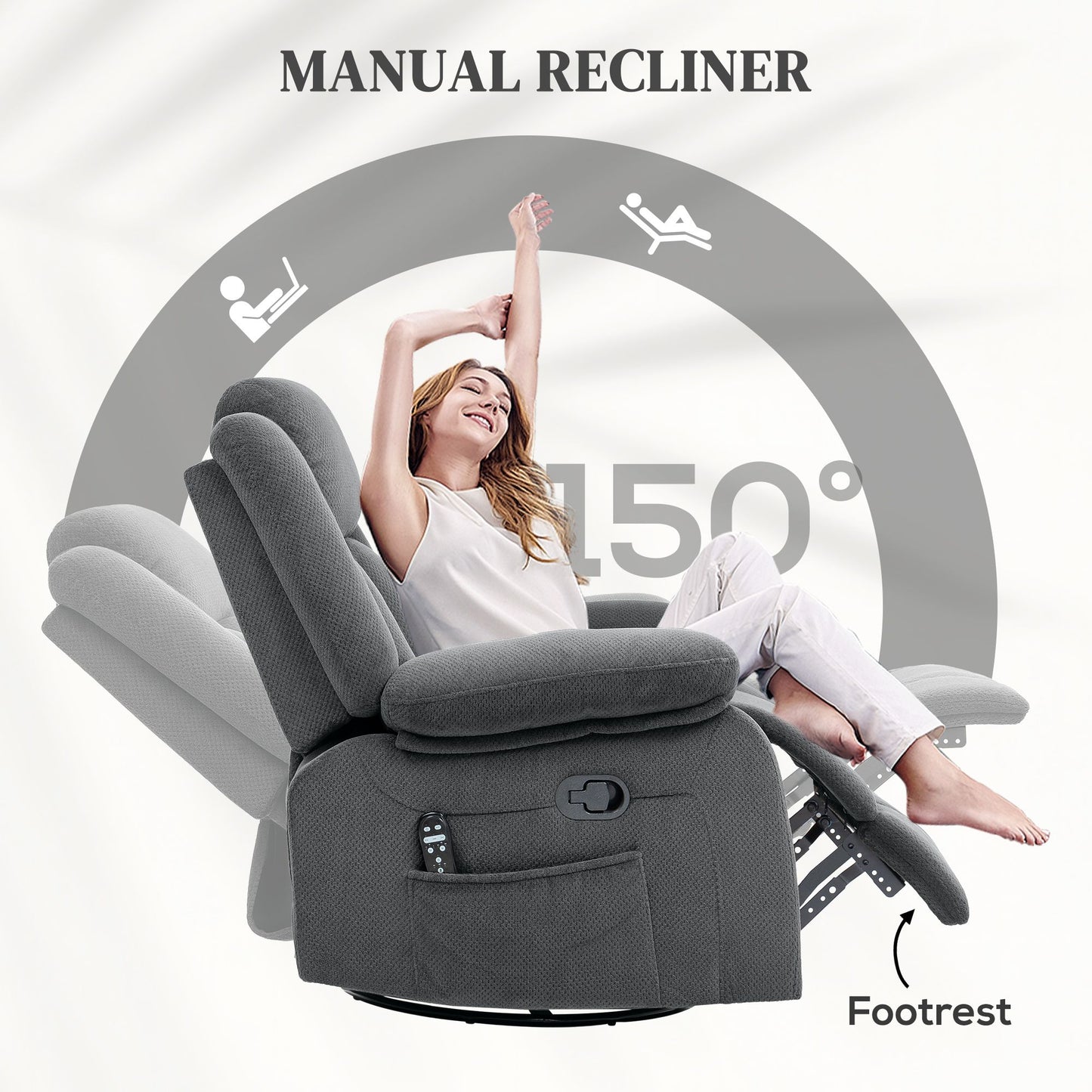 Recliner Massage Armchair with Heat, Oversized Swivel Rocker with Footrest, Remote and Side Pockets, Gray - Discount Msrp