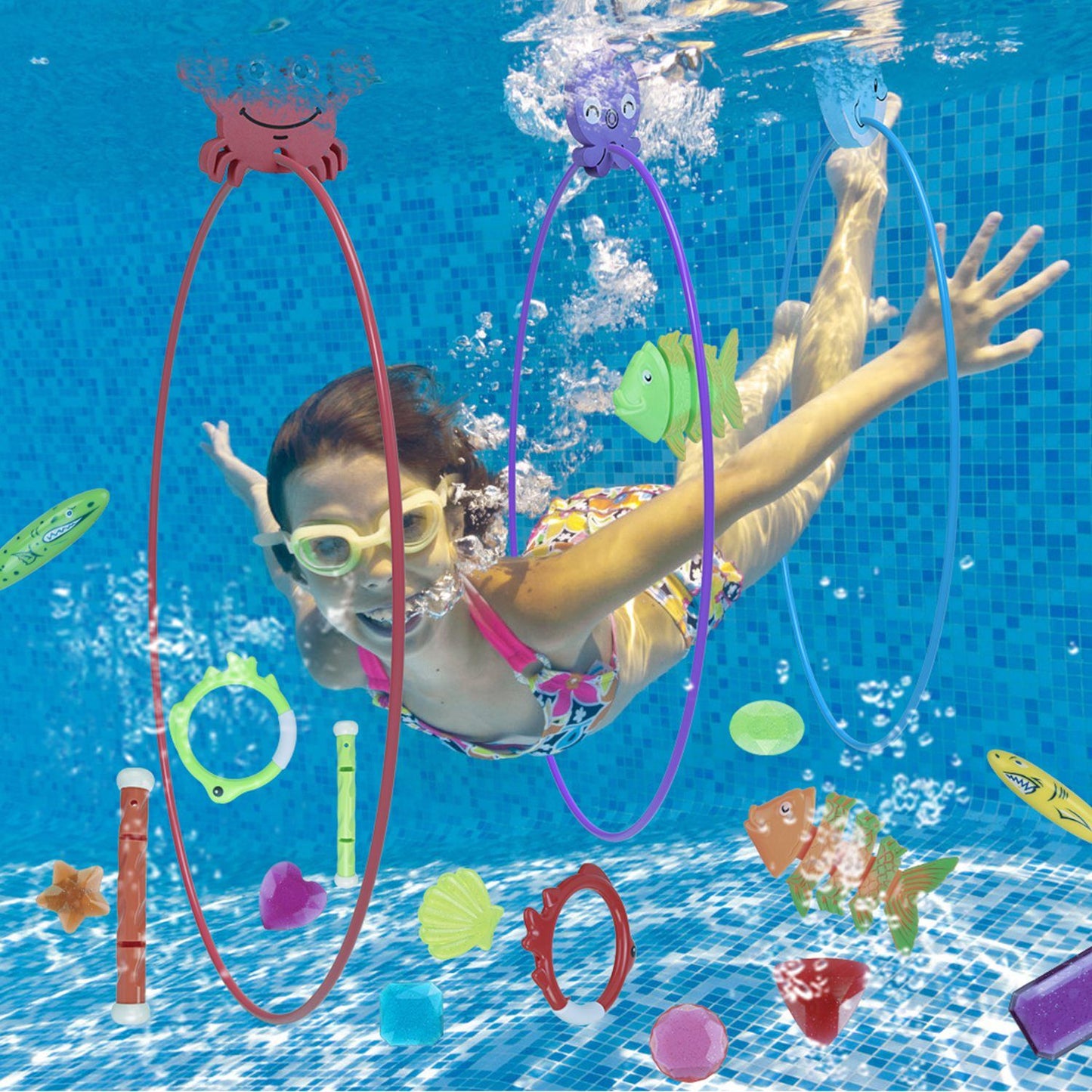 24Pcs Diving Toys Swimming Pool Toys Swim Toys for Kids Aged 3+ Years Old Swim Thru Rings Torpedoes Gems Volleyball Storage Bag - Discount Msrp