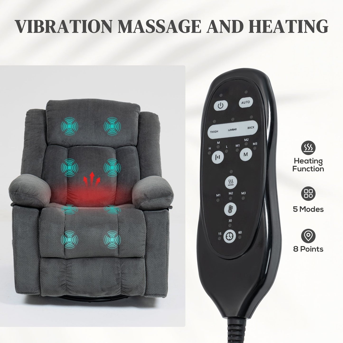 Recliner Massage Armchair with Heat, Oversized Swivel Rocker with Footrest, Remote and Side Pockets, Gray - Discount Msrp