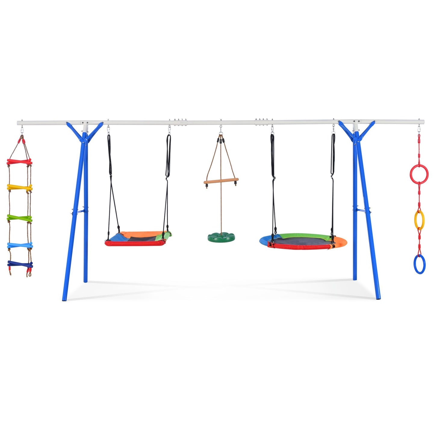 5 in 1 Outdoor Toddler Swing Set for Backyard, Playground Swing Sets with Steel Frame, Multifunction Playsets for Kids with Climbing Ladder, Saucer Swing, Monkey Bar Swing, Disc Swing and Swing Ring - Discount Msrp
