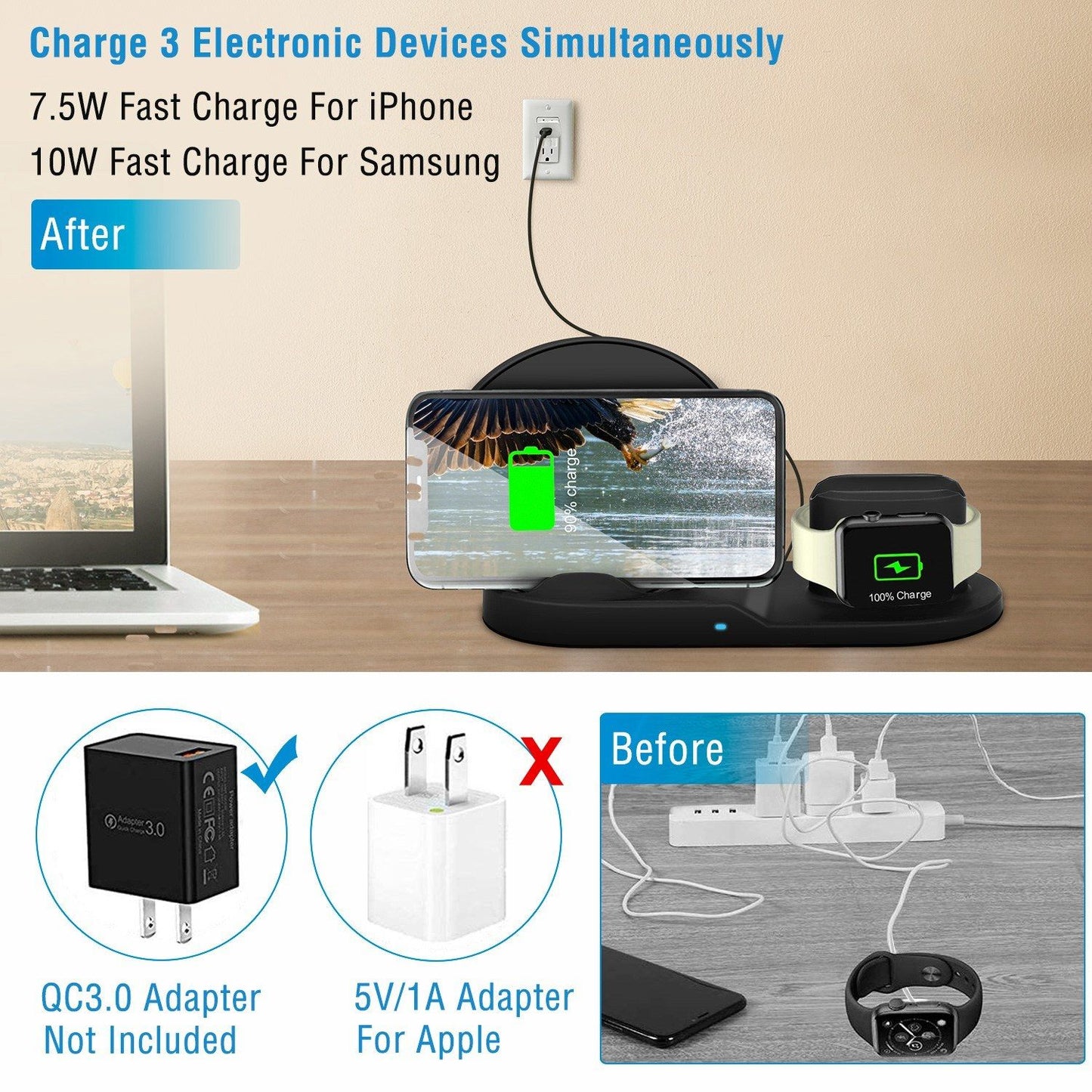 Wireless Charger 10W Fast Charging Station For iPhone Apple iWatch Series 5/4/3/2/1 AirPods - Discount Msrp
