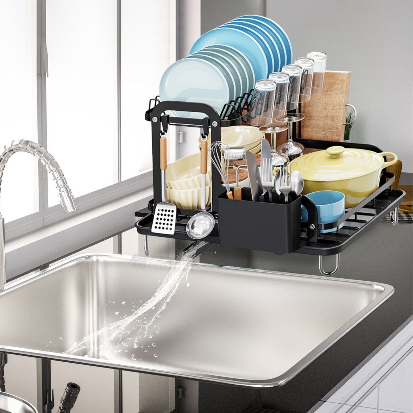 2-Tier Dish Drying Rack for Kitchen Counter Space Saving Rustproof Dish Rack with Drainboard Detachable Kitchen Drainer Organizer Set - Discount Msrp