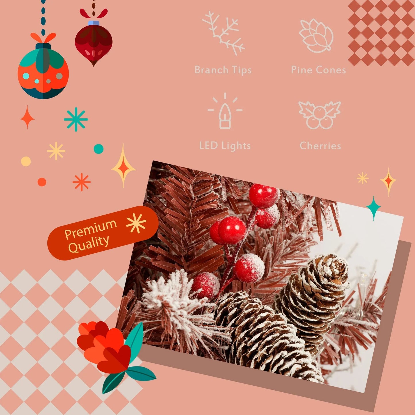 GO 4-Pieces Set Artificial Christmas Tree, Brown Needles with flocking, with Warm Lights, pine cones and berries, Artificial Tree for door and fireplace - Discount Msrp