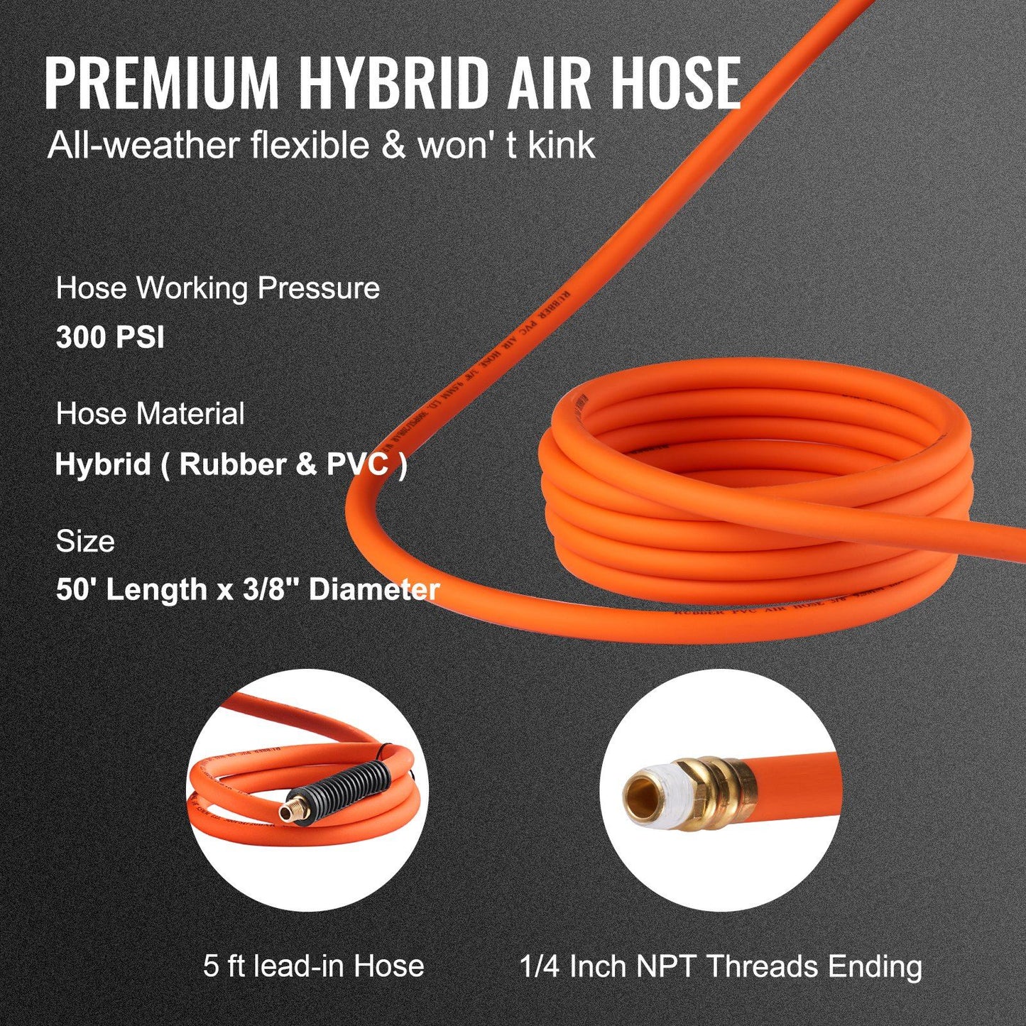 VEVOR Retractable Air Hose Reel, 3/8 IN x 50 FT Hybrid Air Hose Max 300PSI, Air Compressor Hose Reel with 5 ft Lead in, Ceiling / Wall Mount Heavy Duty Single Arm Steel Reel - Discount Msrp