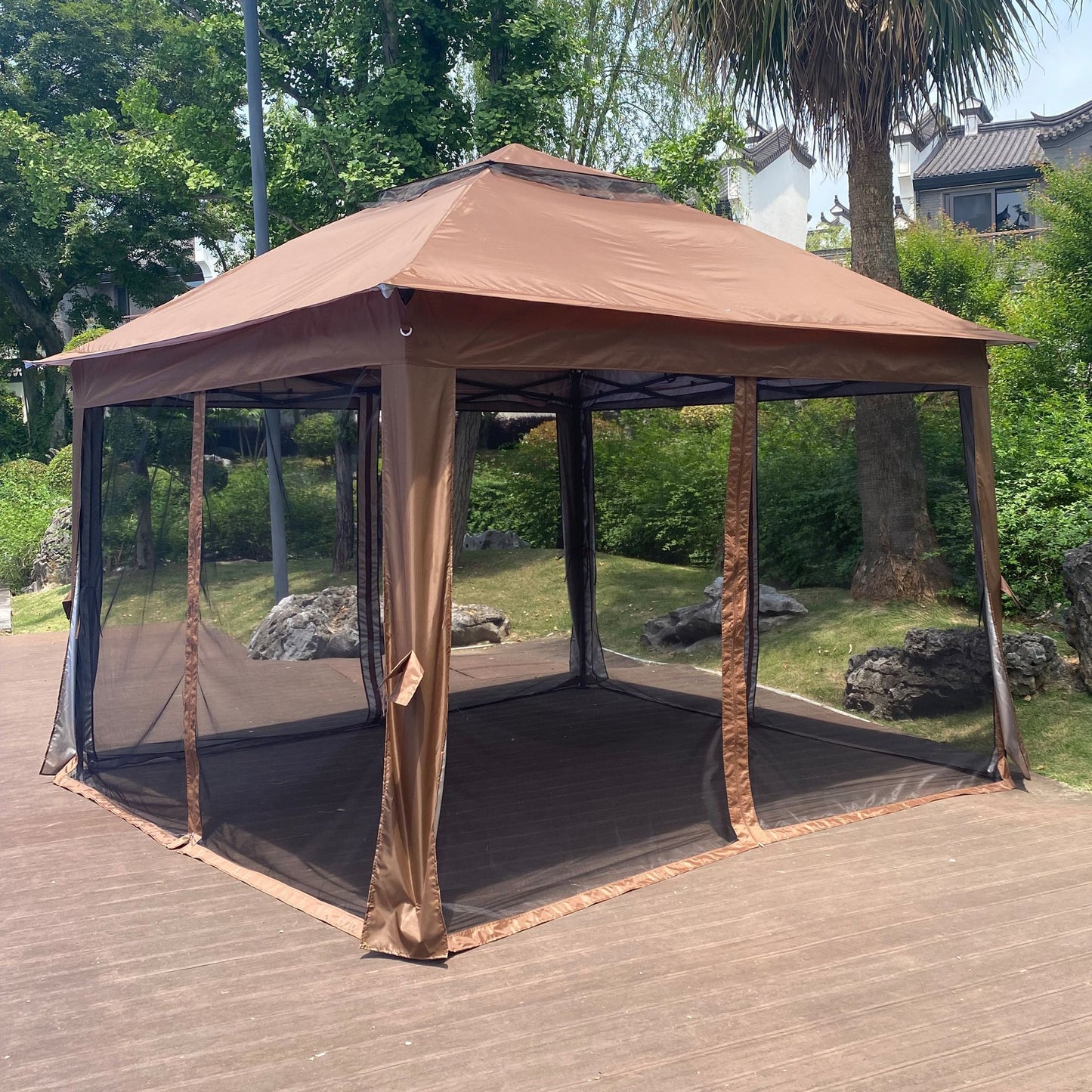 Outdoor 11x 11Ft Pop Up Gazebo Canopy With Removable Zipper Netting,2-Tier Soft Top Event Tent,Suitable For Patio Backyard Garden Camping Area with 4 Sandbags,Brown - Discount Msrp