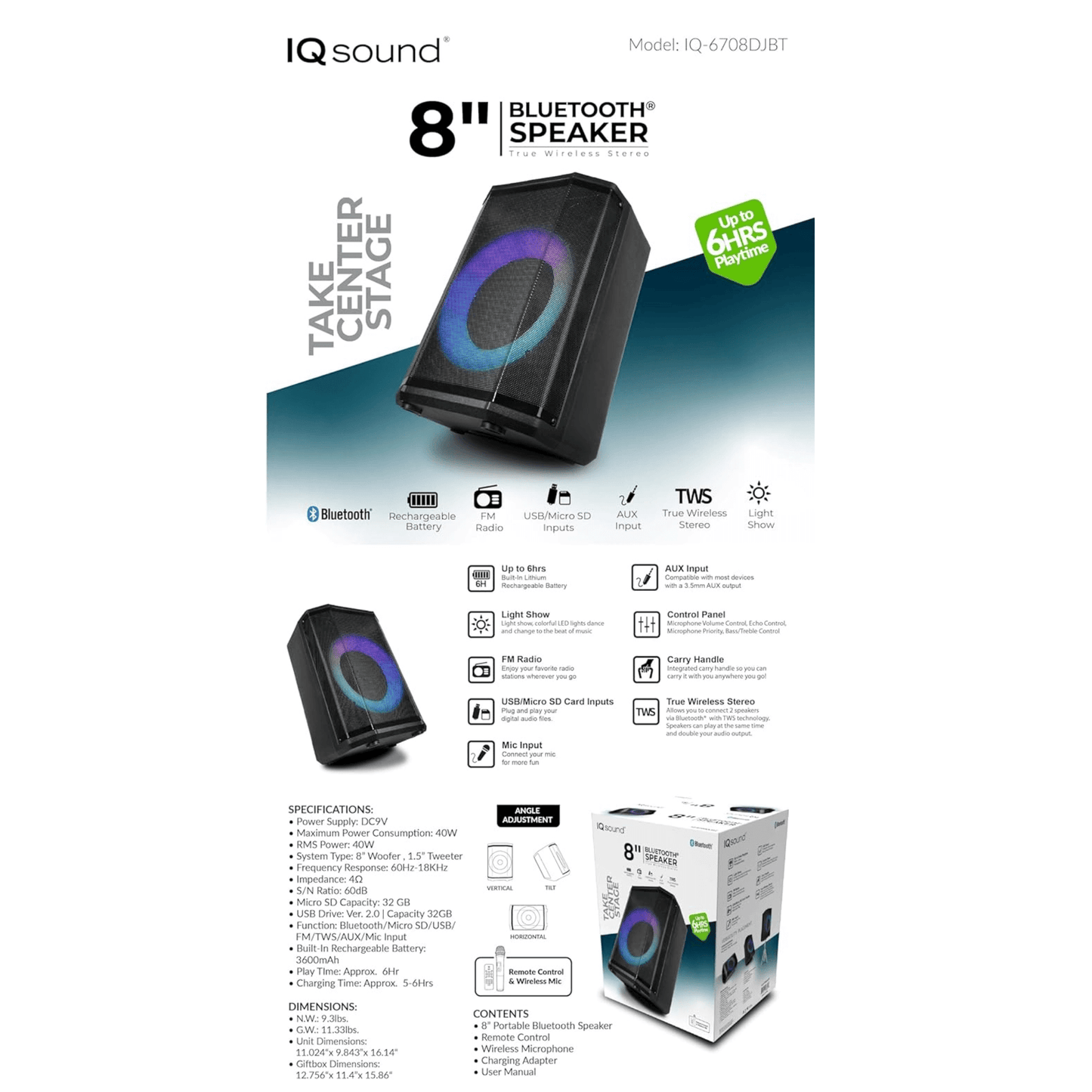 IQ Sound 8" Bluetooth Speaker with True Wireless Technology - Discount Msrp