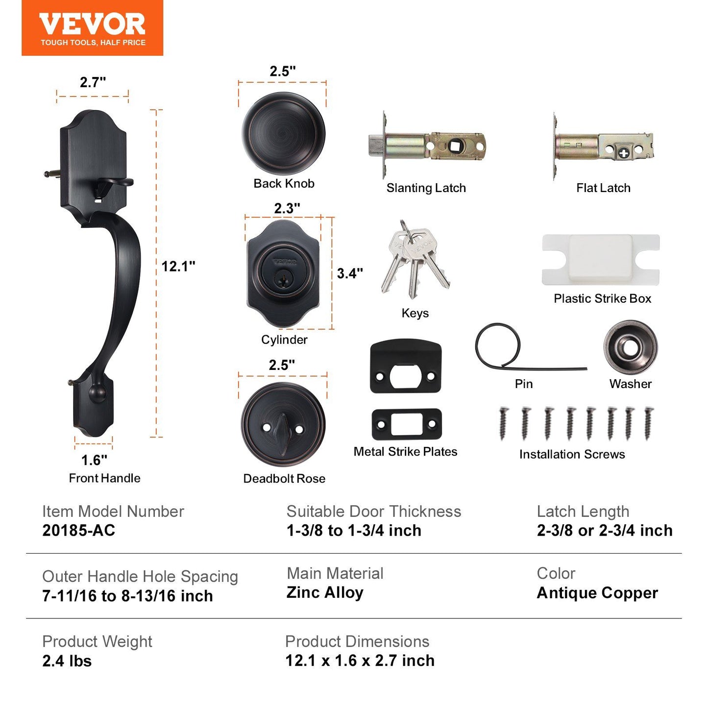 VEVOR Front Door Handle and Deadbolt Set, Antique Copper Front Door Lock Set with Interior Knob, Adjustable Hole Spacing Single Cylinder Handleset, for Right and Left Handed Entrance and Front Door - Discount Msrp
