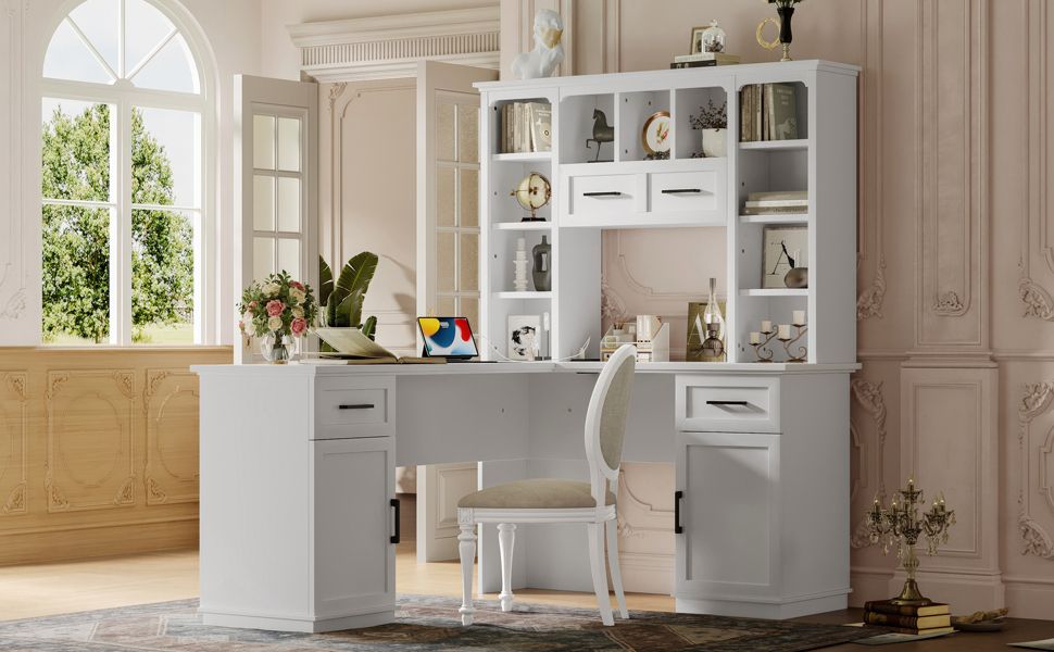 L-Shaped Computer Desk with 2 Cabinets and 2 Drawers, 11 Open Shelves and 1 Right Flip Shelf with Storage, with Power Outlet, for Study, Living Room and Office, White - Discount Msrp