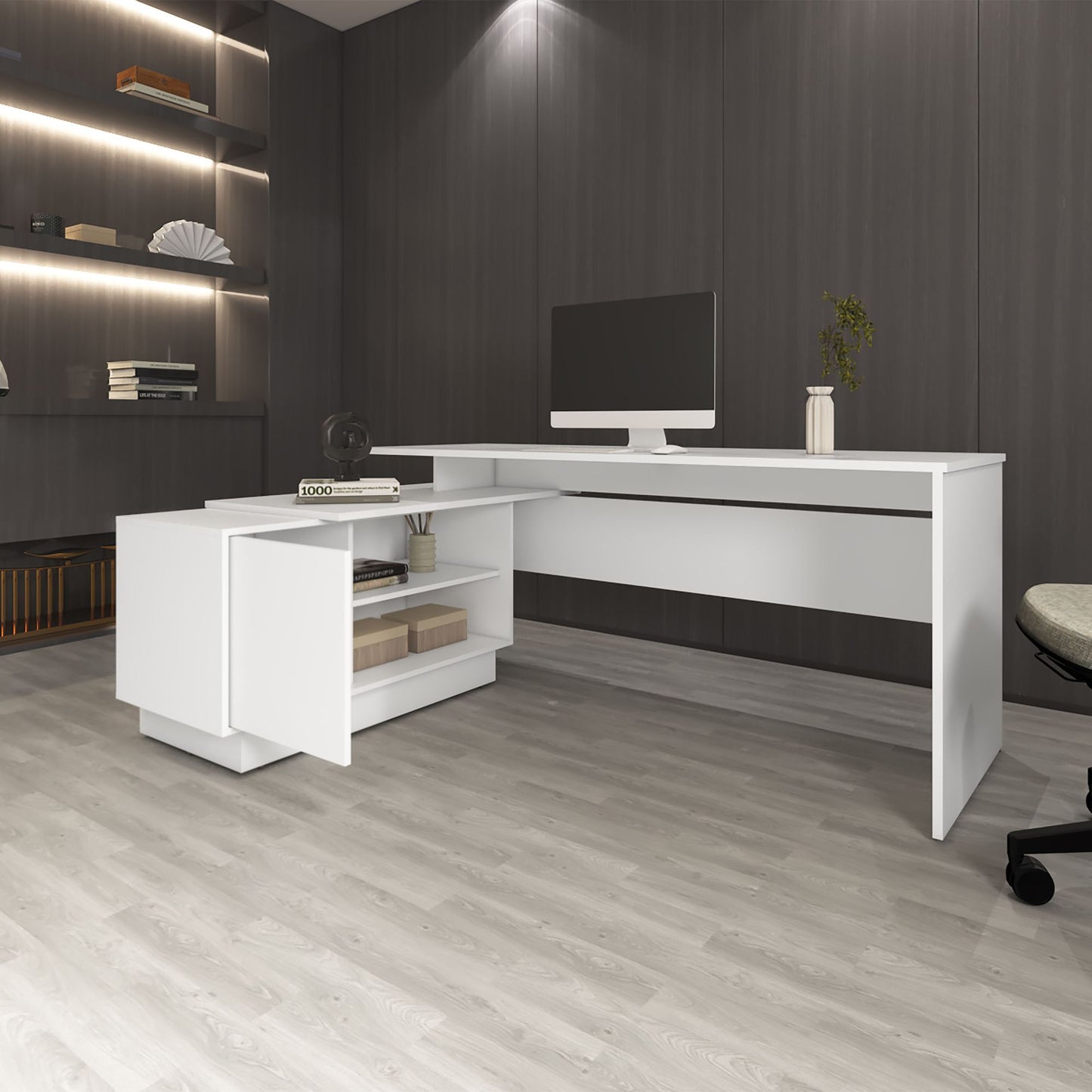 Weir L-Shaped Desk in Melamine, White - Discount Msrp