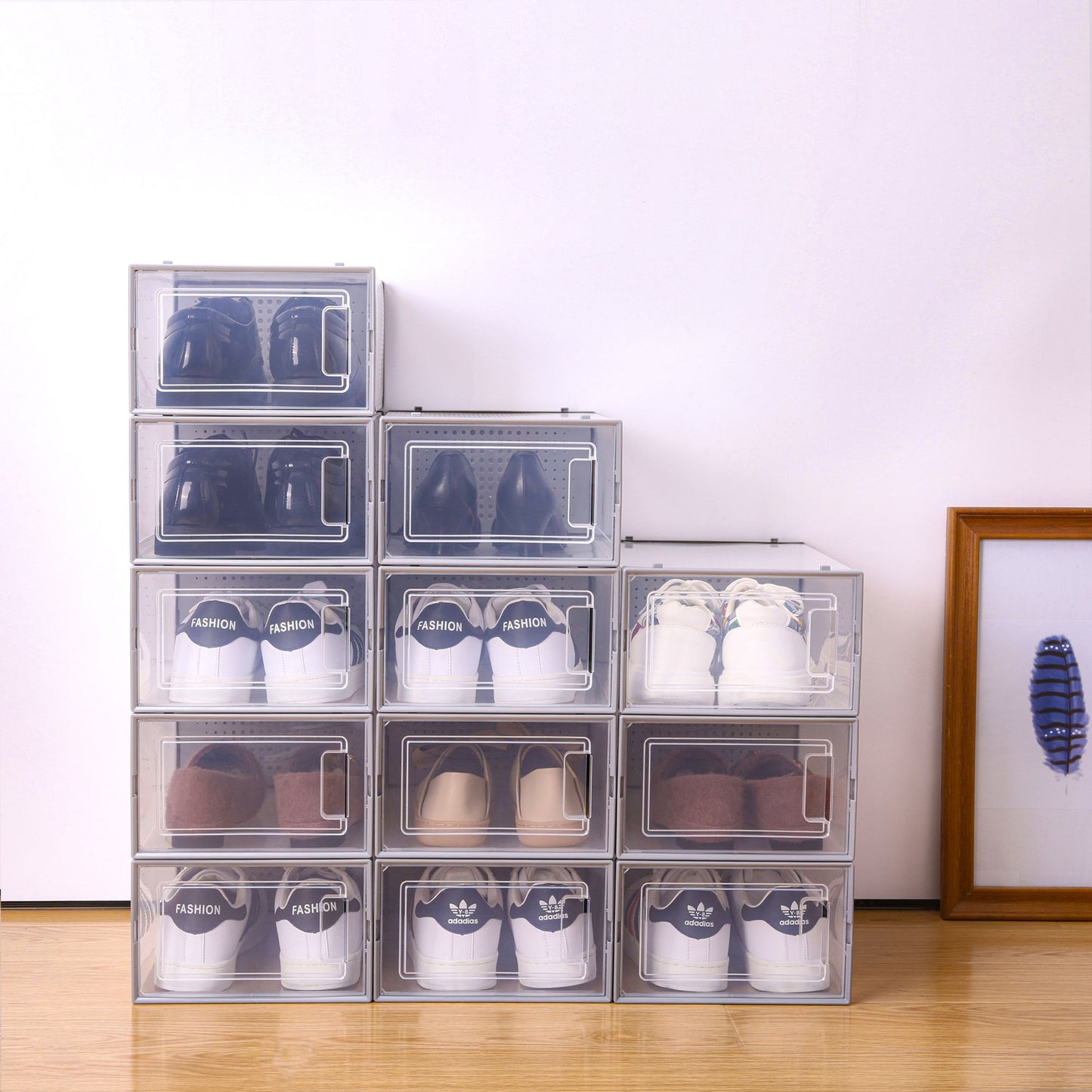 Set of 12 Stackable Clear Plastic Transparent Shoe Storage Box in Home - Discount Msrp