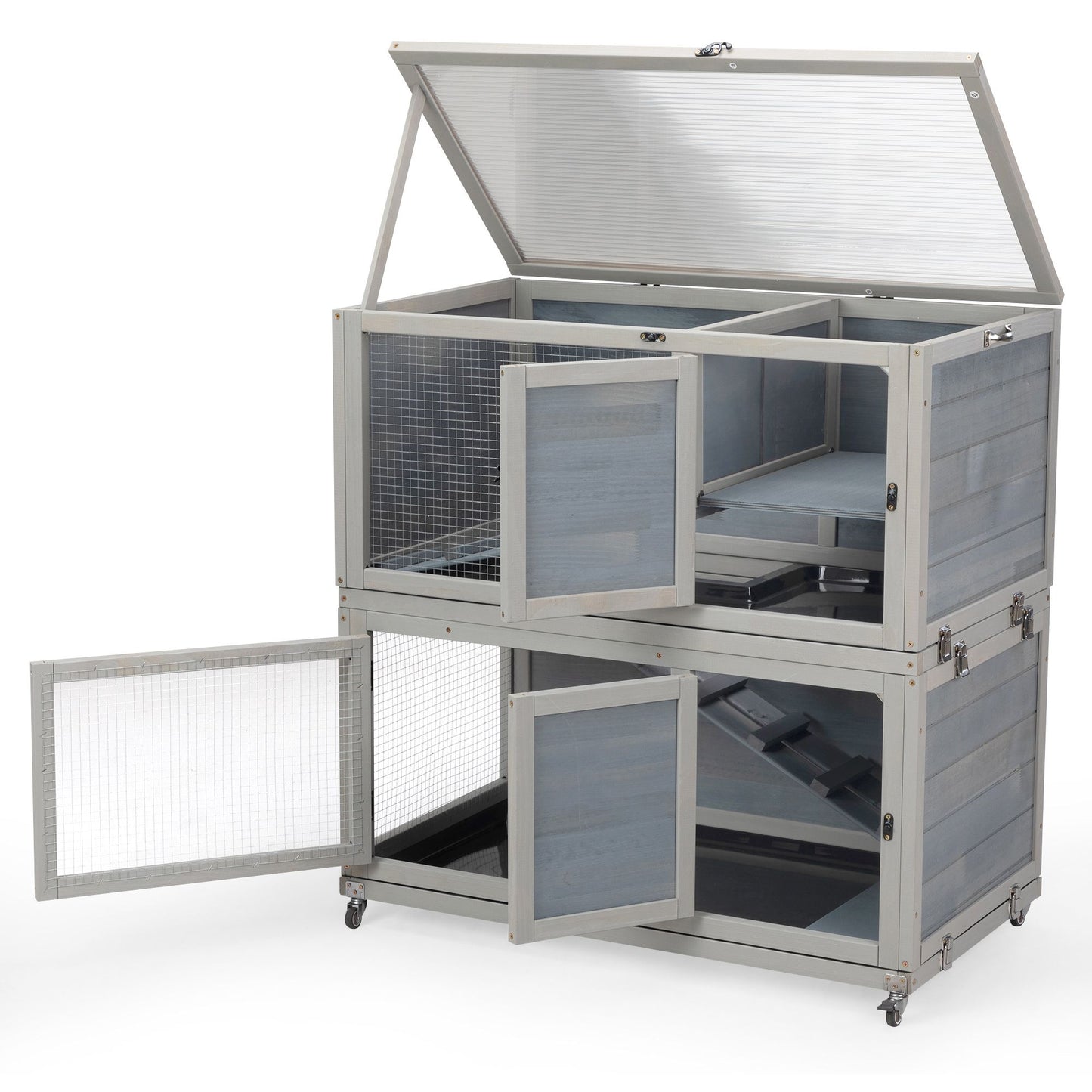 Weatherproof Rabbit House, Indoor/Outdoor Wooden Rabbit Hutch, 2 Story Bunny Cage, Pet House, Wooden Chicken Coop with Wheels, Pull Out Tray for Rabbits and Guinea Pigs, Grey - Discount Msrp