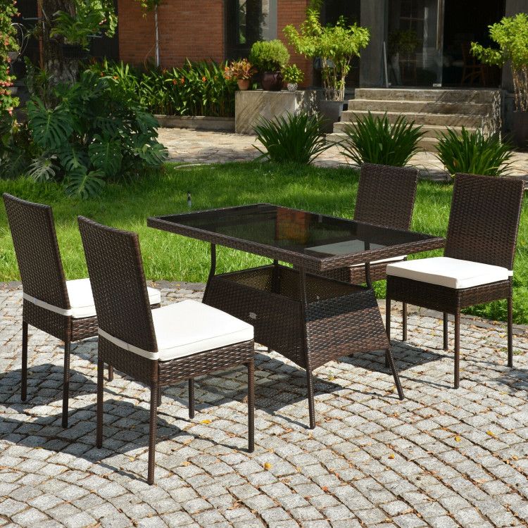 5 Pieces Rattan Dining Set with Glass Table and High Back Chair - Discount Msrp