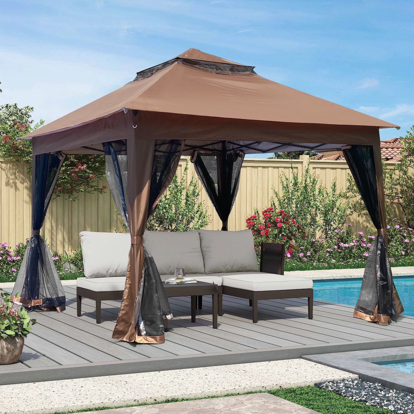 Outdoor 11x 11Ft Pop Up Gazebo Canopy With Removable Zipper Netting,2-Tier Soft Top Event Tent,Suitable For Patio Backyard Garden Camping Area with 4 Sandbags,Brown - Discount Msrp
