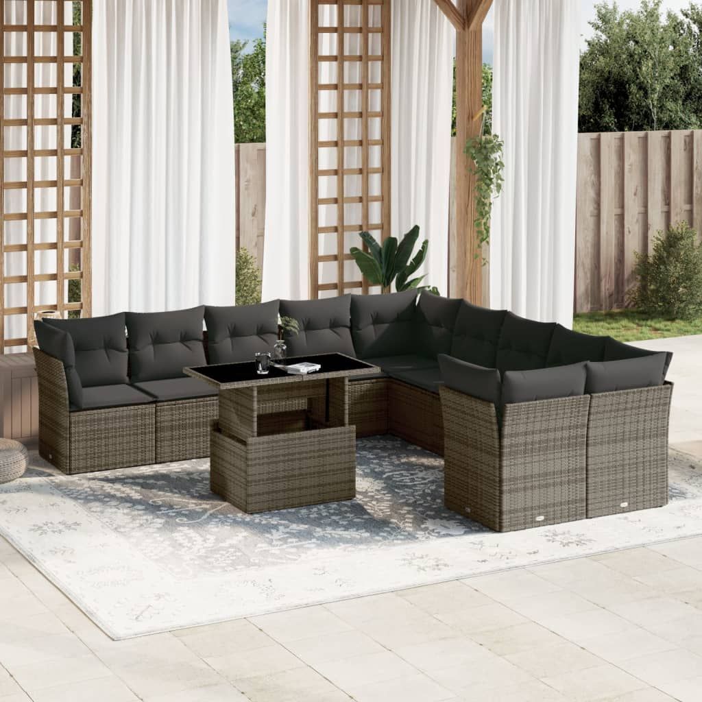 Garden Sofa Set Grey PE rattan, Powder-coated steel, Tempered glass - Discount Msrp