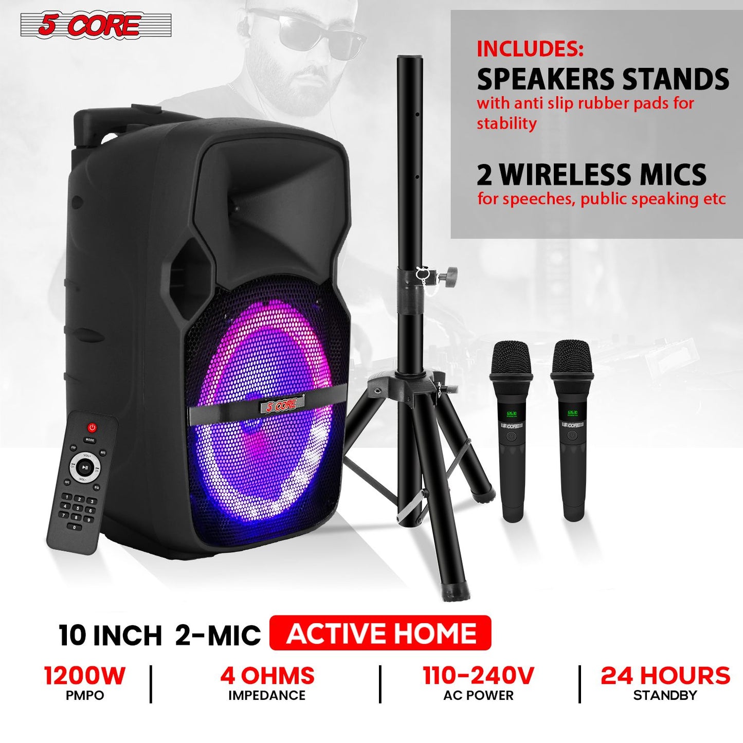 5 Core 10 inch PA Portable Bluetooth Party Speaker Karaoke Boombox + 2 Wireless Mics : ACTIVE HOME 10 2-MIC - Discount Msrp