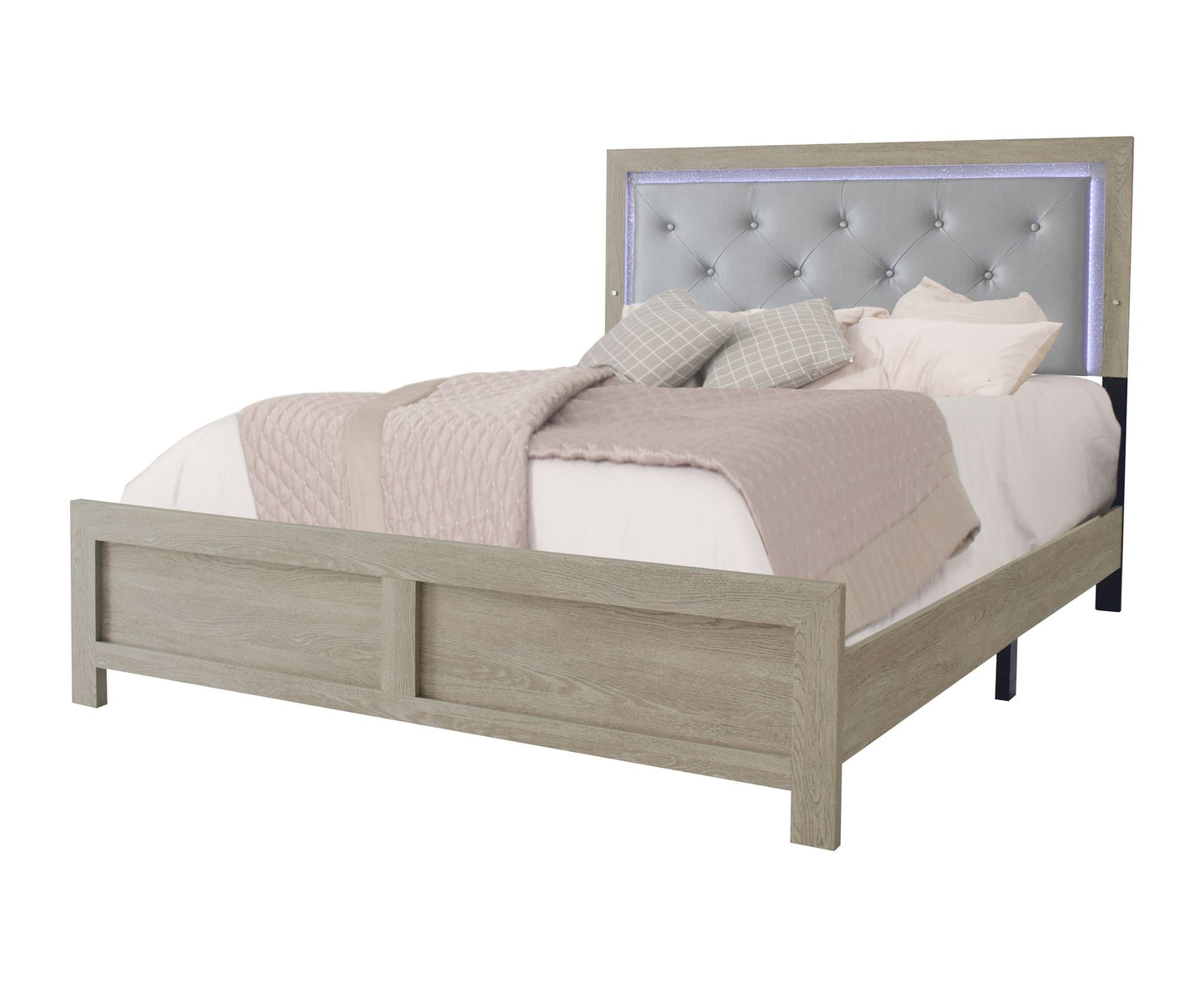 1pc Modern King Panel Bed with Headboard Lighting Beige Finish Faux Leather Upholstery Button Tufted Wooden Bedroom Furniture - Discount Msrp