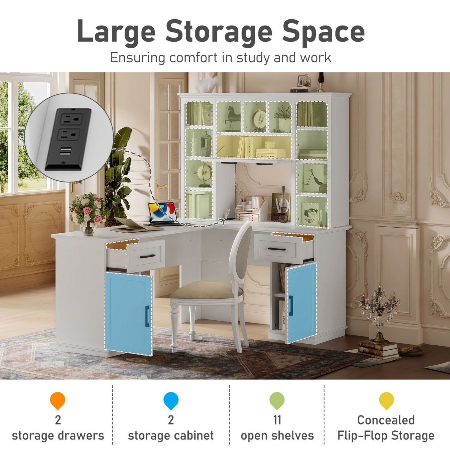 L-Shaped Computer Desk with 2 Cabinets and 2 Drawers, 11 Open Shelves and 1 Right Flip Shelf with Storage, with Power Outlet, for Study, Living Room and Office, White - Discount Msrp