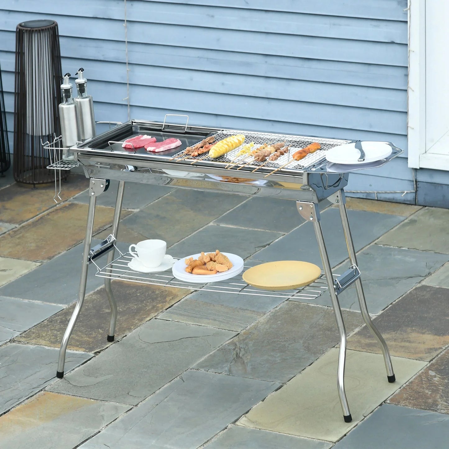 Outsunny Charcoal Grill, Stainless Steel Portable Folding BBQ, Outdoor Hibachi for Backyard Cooking, Camping, Picnic, Party, Tailgating and Travel with Pan, Grill Rack, Shelves, and Hooks - Discount Msrp