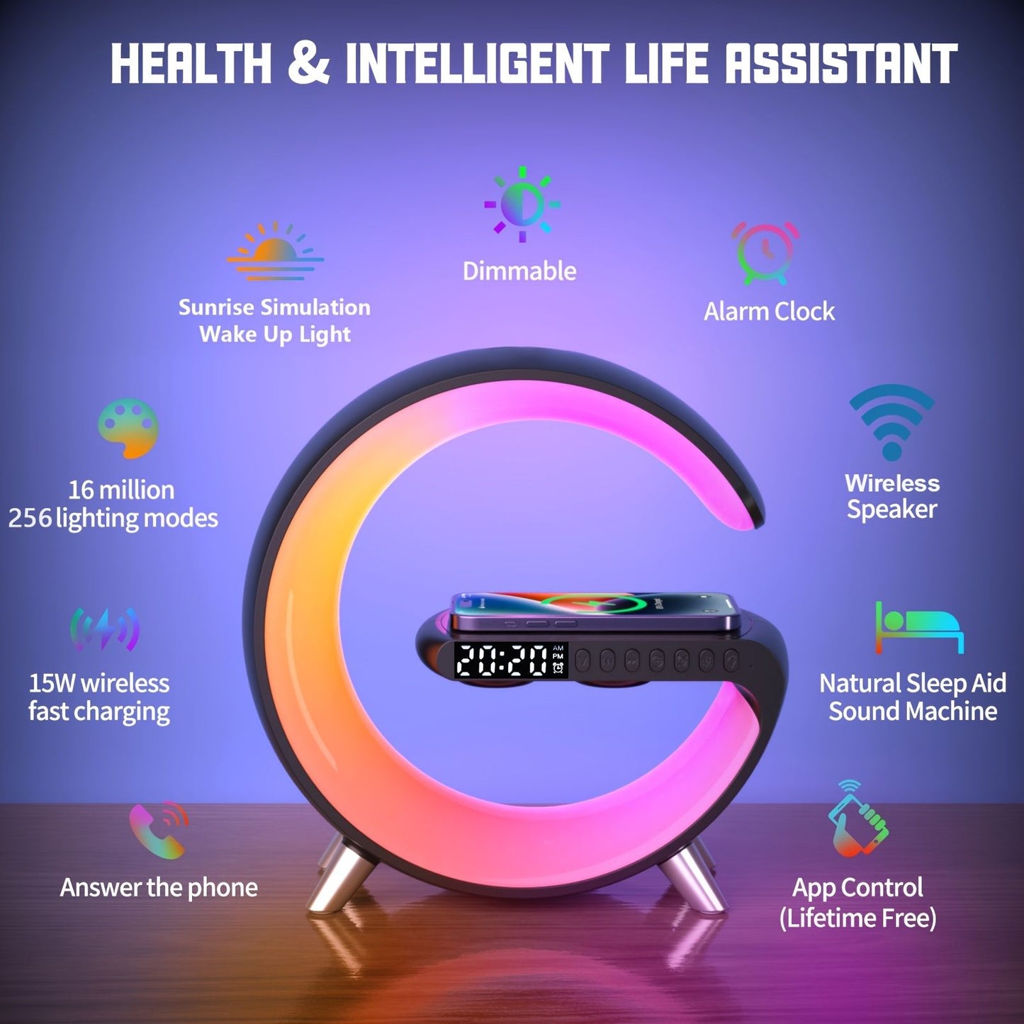 RGB Light Bar Smart Light Sunrise Alarm Clock; Dimmable Table Lamp With Fast Wireless Charger Alarm Clock For Heavy Sleepers Adults For Bedroom; Dorm; Gift - Discount Msrp