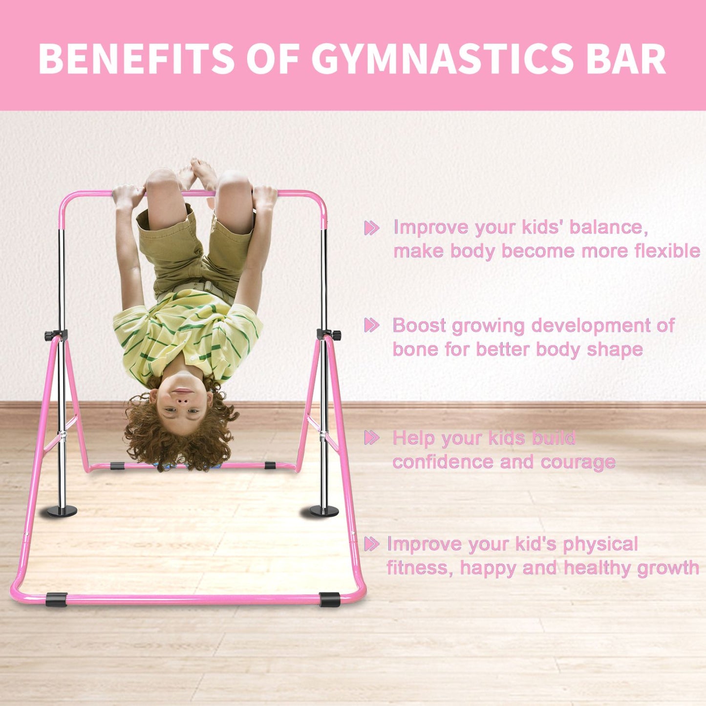Pink Multi-Functional Adjustable Height Children's Horizontal Gymnastic Bar With Bear Rings - Discount Msrp