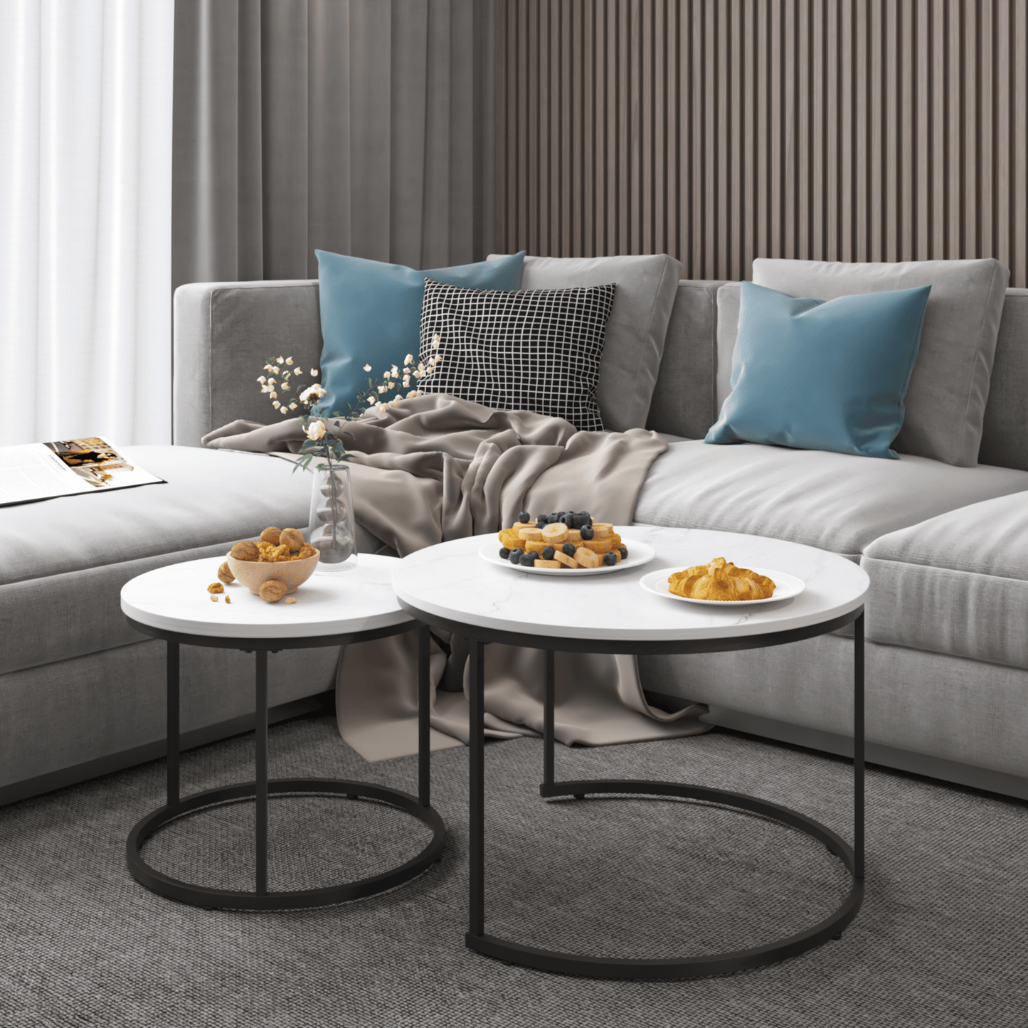 Nesting Coffee Table Set of 2, 27.6inch Round Coffee Table Industrial Wood Finish with Sturdy Metal Frame, End Table Side Tables for Living Room Bedroom Balcony Yard - Discount Msrp