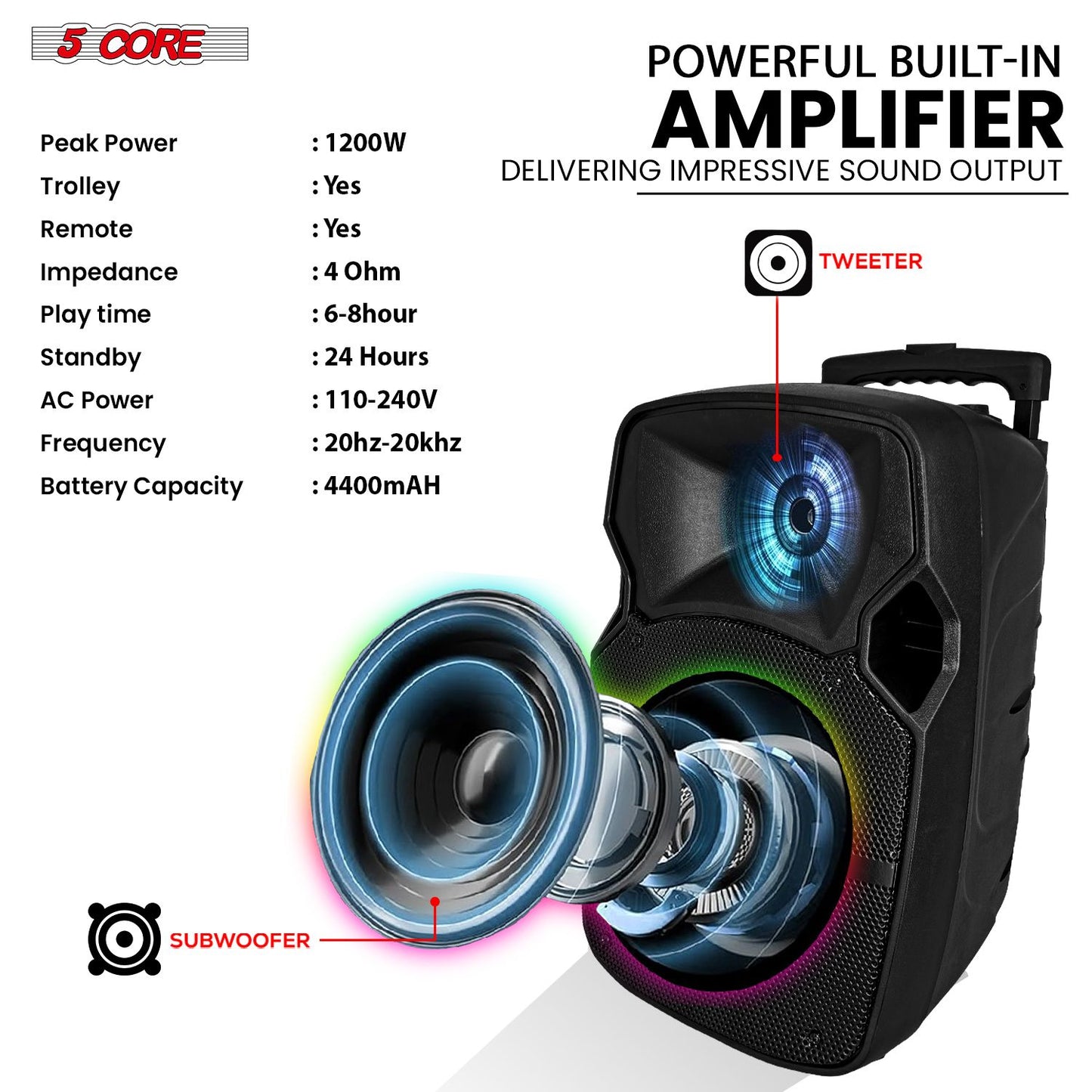 5 Core 10 inch PA Portable Bluetooth Party Speaker Karaoke Boombox + 2 Wireless Mics : ACTIVE HOME 10 2-MIC - Discount Msrp