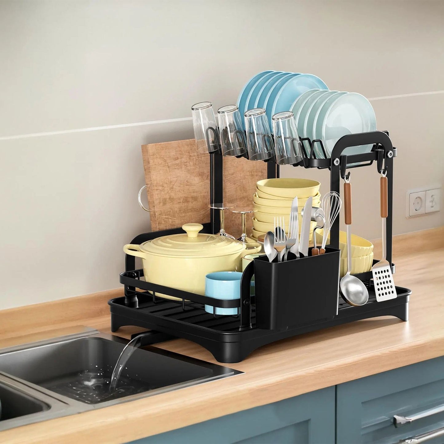 2-Tier Dish Drying Rack for Kitchen Counter Space Saving Rustproof Dish Rack with Drainboard Detachable Kitchen Drainer Organizer Set - Discount Msrp