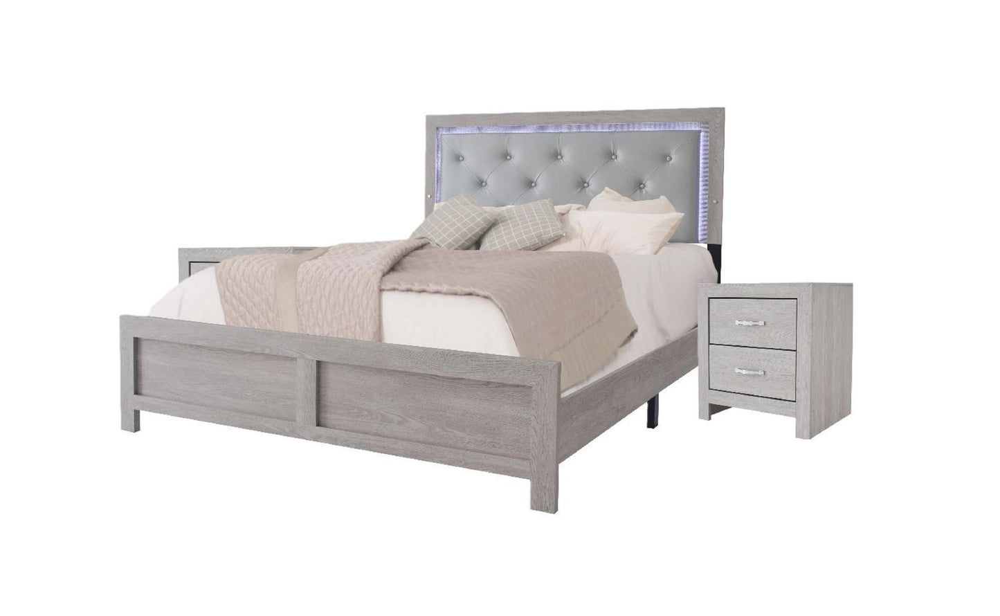 1pc Modern King Panel Bed with Headboard Lighting Beige Finish Faux Leather Upholstery Button Tufted Wooden Bedroom Furniture - Discount Msrp