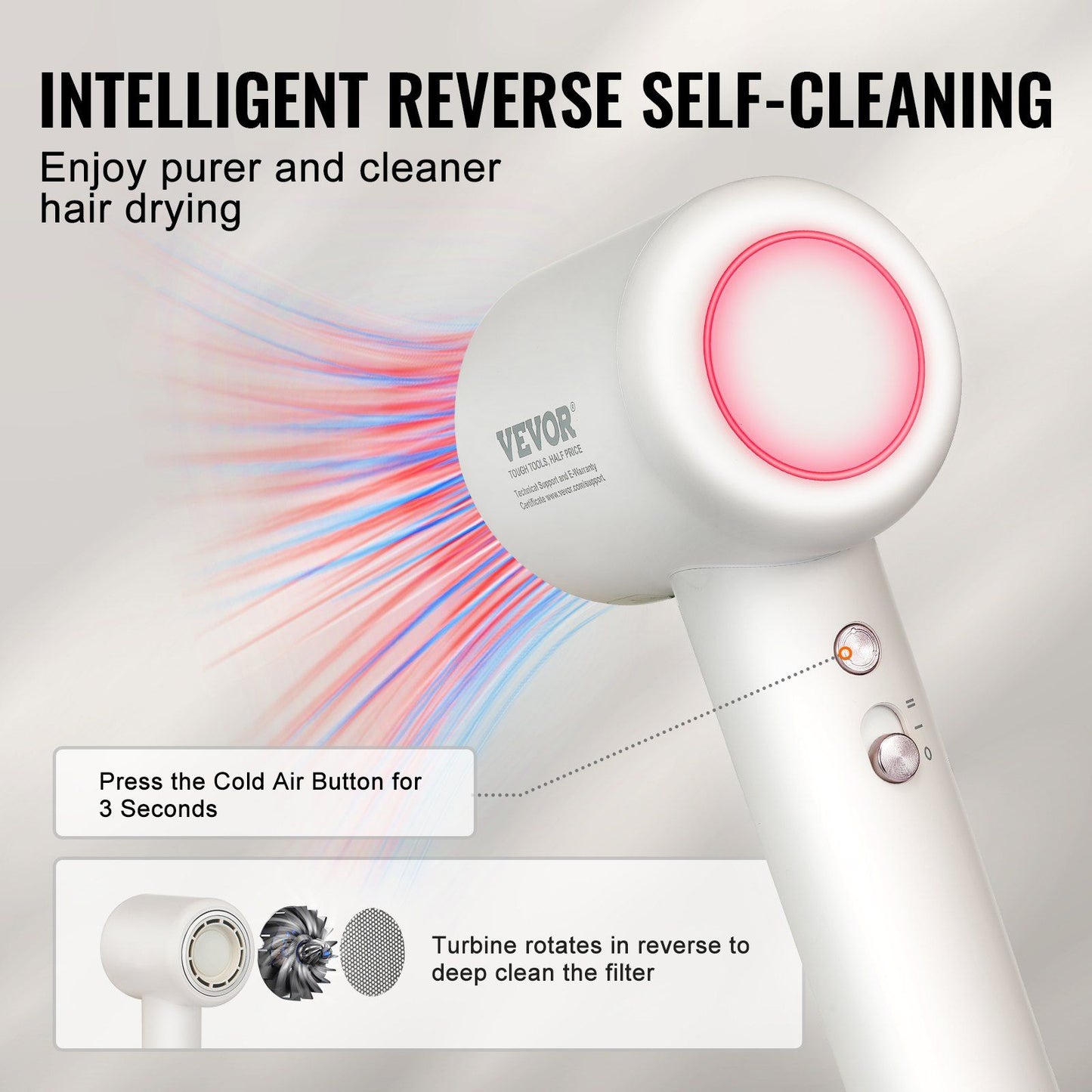 VEVOR High-Speed Hair Dryer with 102,000RPM Brushless Motor, 200 Million Negative Ions Hair Blow Dryer, 3-Color Temp LED Lights & 2 Speeds, Lightweight Hairdryer with Diffuser & Nozzle for Home Travel - Discount Msrp