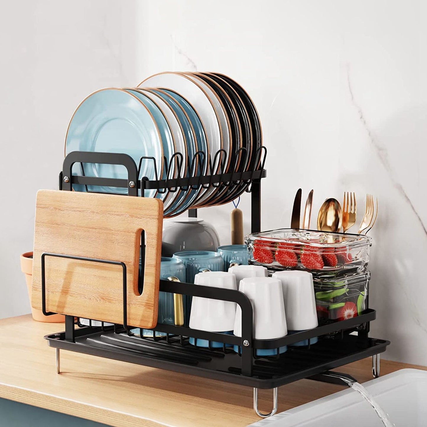 2-Tier Dish Drying Rack for Kitchen Counter Space Saving Rustproof Dish Rack with Drainboard Detachable Kitchen Drainer Organizer Set - Discount Msrp
