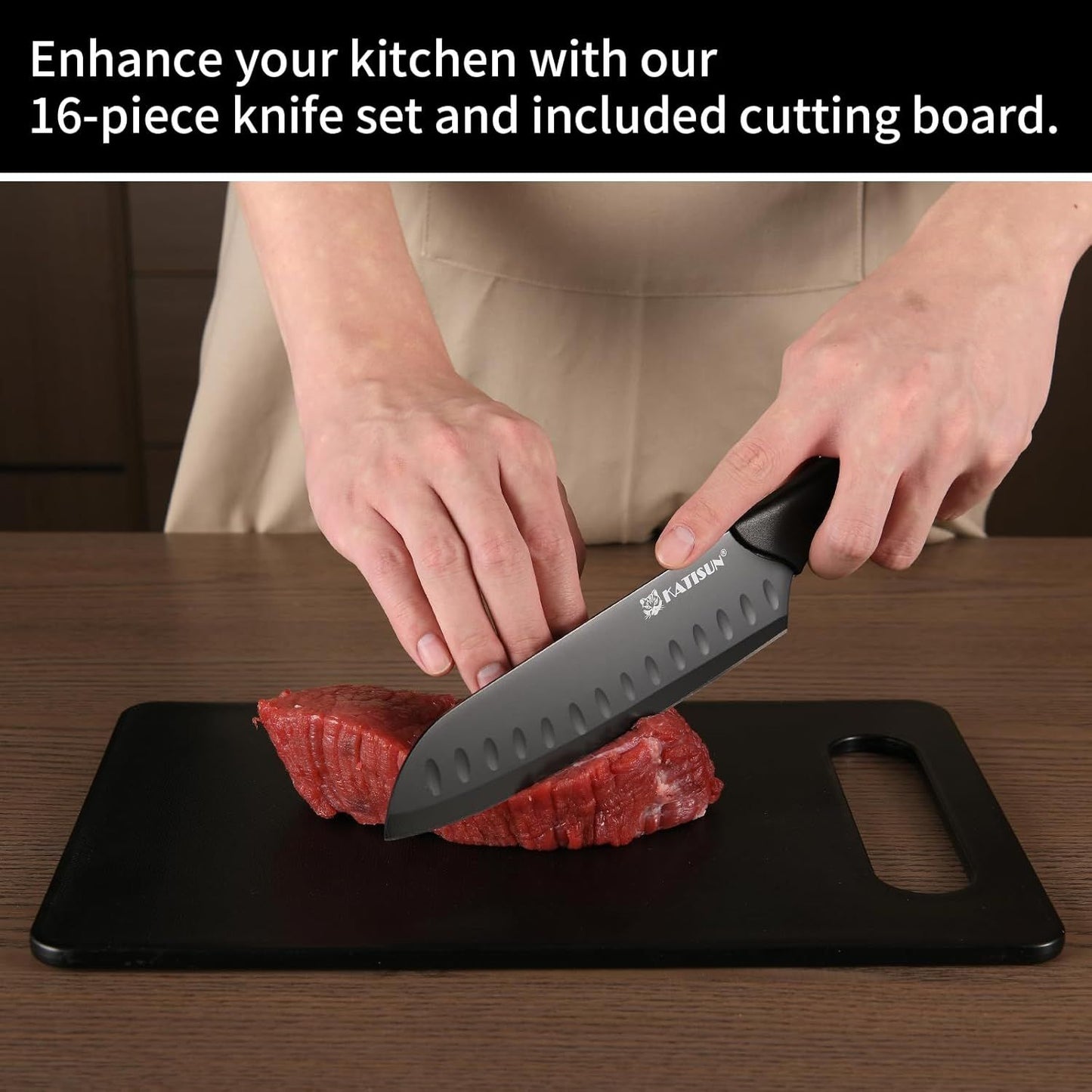 16 Pieces Kitchen Knife Block Set with Cutting Board, German Premium Quality Stainless Steel, Built-in sharpener, Dishwasher Safe, 6 Steak Knives, Anti-slip handle, Black - Discount Msrp