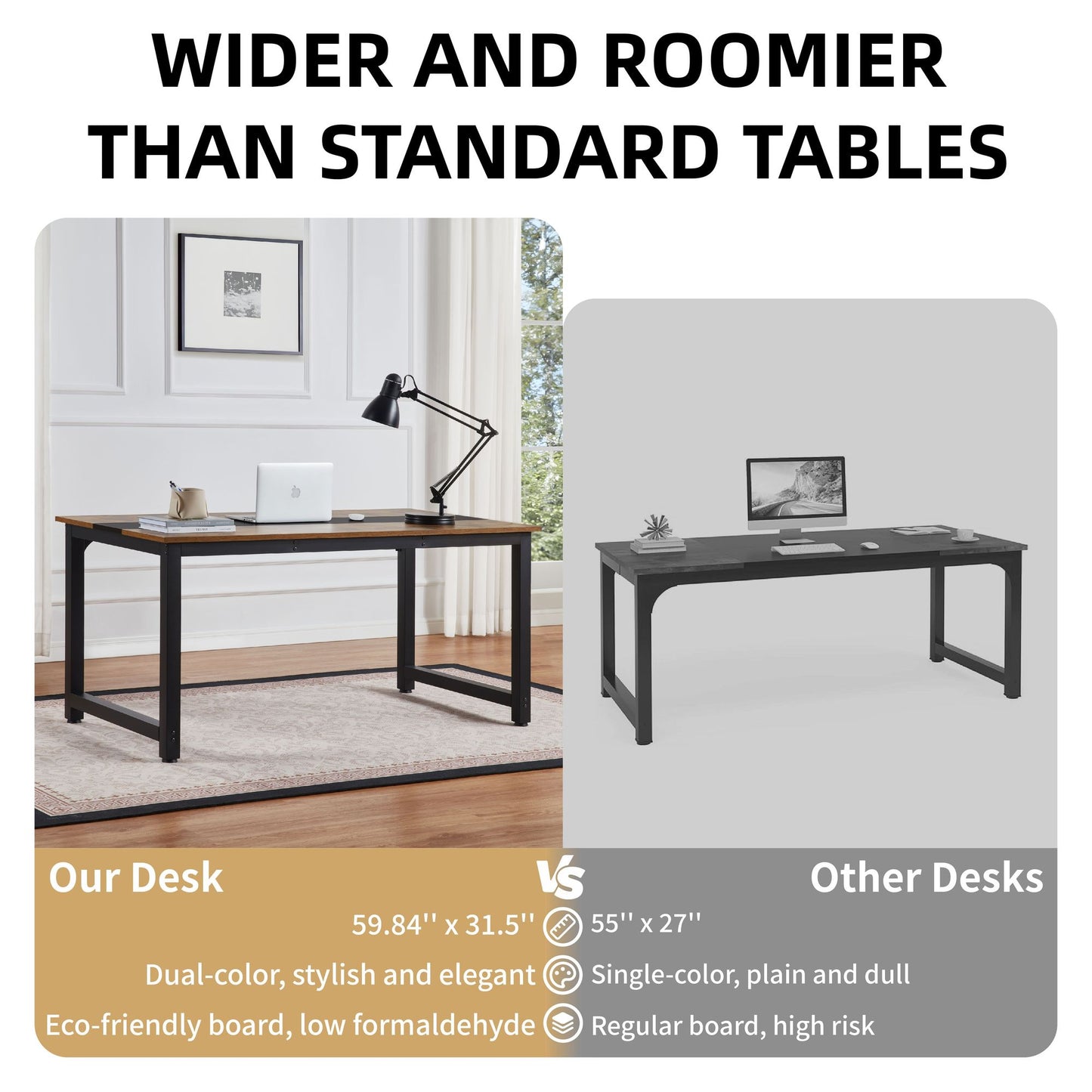 Computer Desk Large Office Desk, 59.8 Inch Gaming Desk Writing Desk Work Desk for Home Office, Study, Modern Simple Wooden Desk, Large Legroom, Metal Frame, Rustic/Black - Discount Msrp