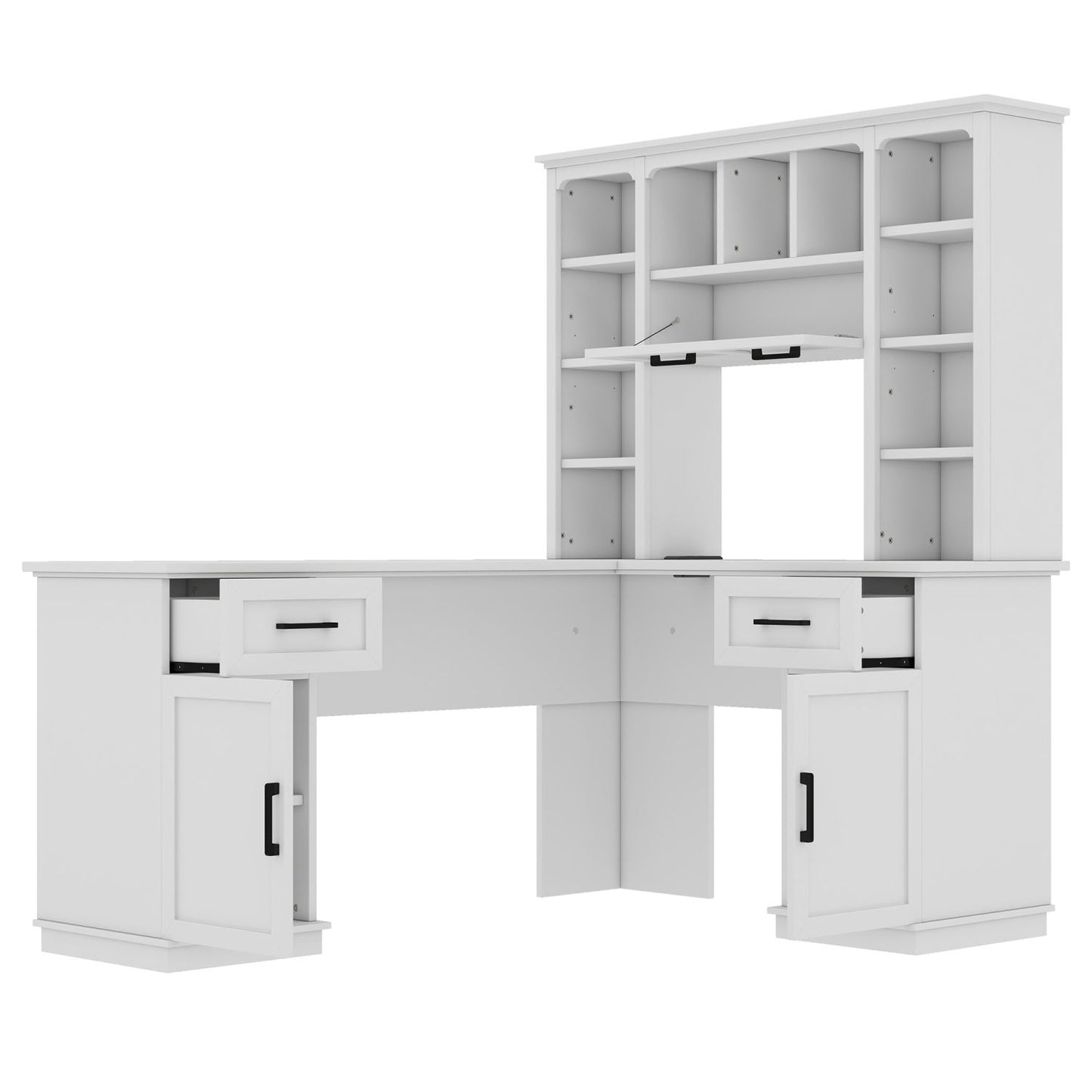 L-Shaped Computer Desk with 2 Cabinets and 2 Drawers, 11 Open Shelves and 1 Right Flip Shelf with Storage, with Power Outlet, for Study, Living Room and Office, White - Discount Msrp