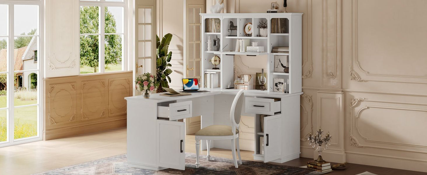 L-Shaped Computer Desk with 2 Cabinets and 2 Drawers, 11 Open Shelves and 1 Right Flip Shelf with Storage, with Power Outlet, for Study, Living Room and Office, White - Discount Msrp
