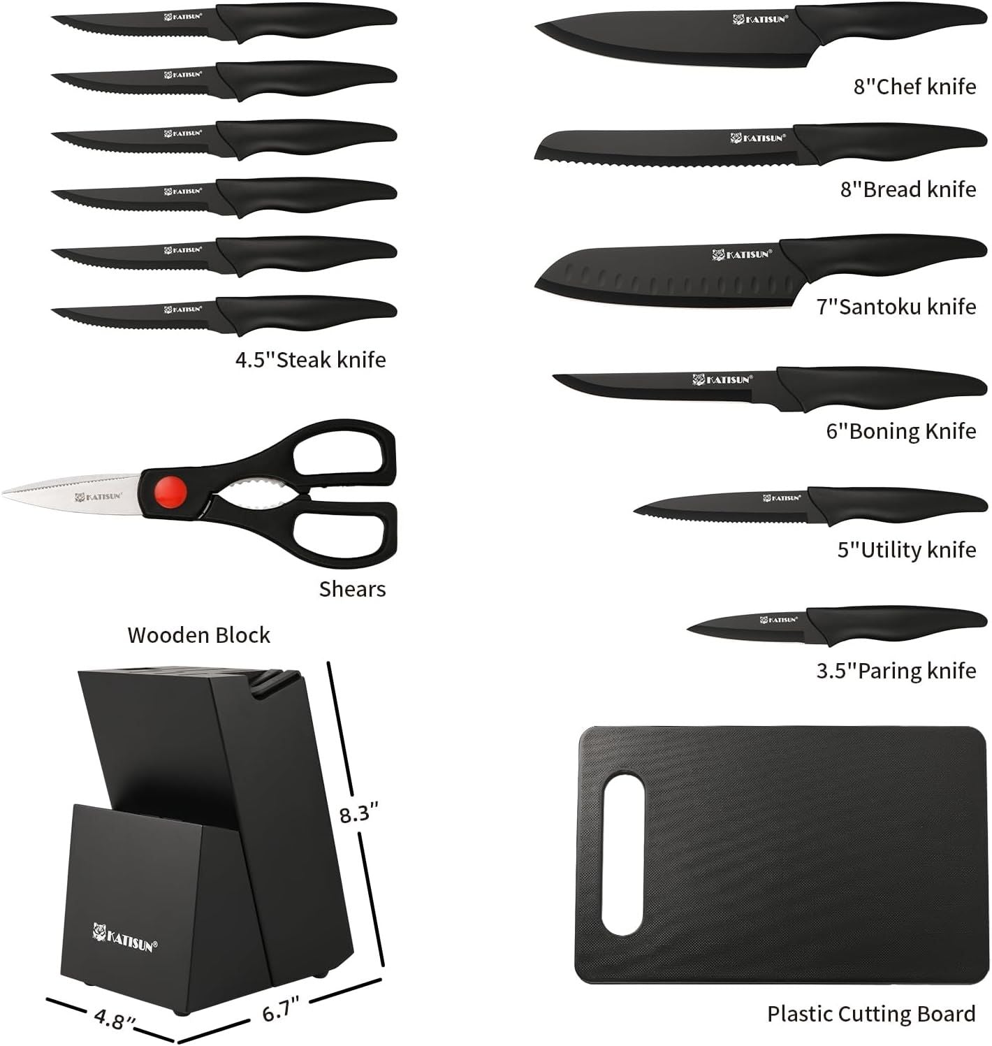 16 Pieces Kitchen Knife Block Set with Cutting Board, German Premium Quality Stainless Steel, Built-in sharpener, Dishwasher Safe, 6 Steak Knives, Anti-slip handle, Black - Discount Msrp