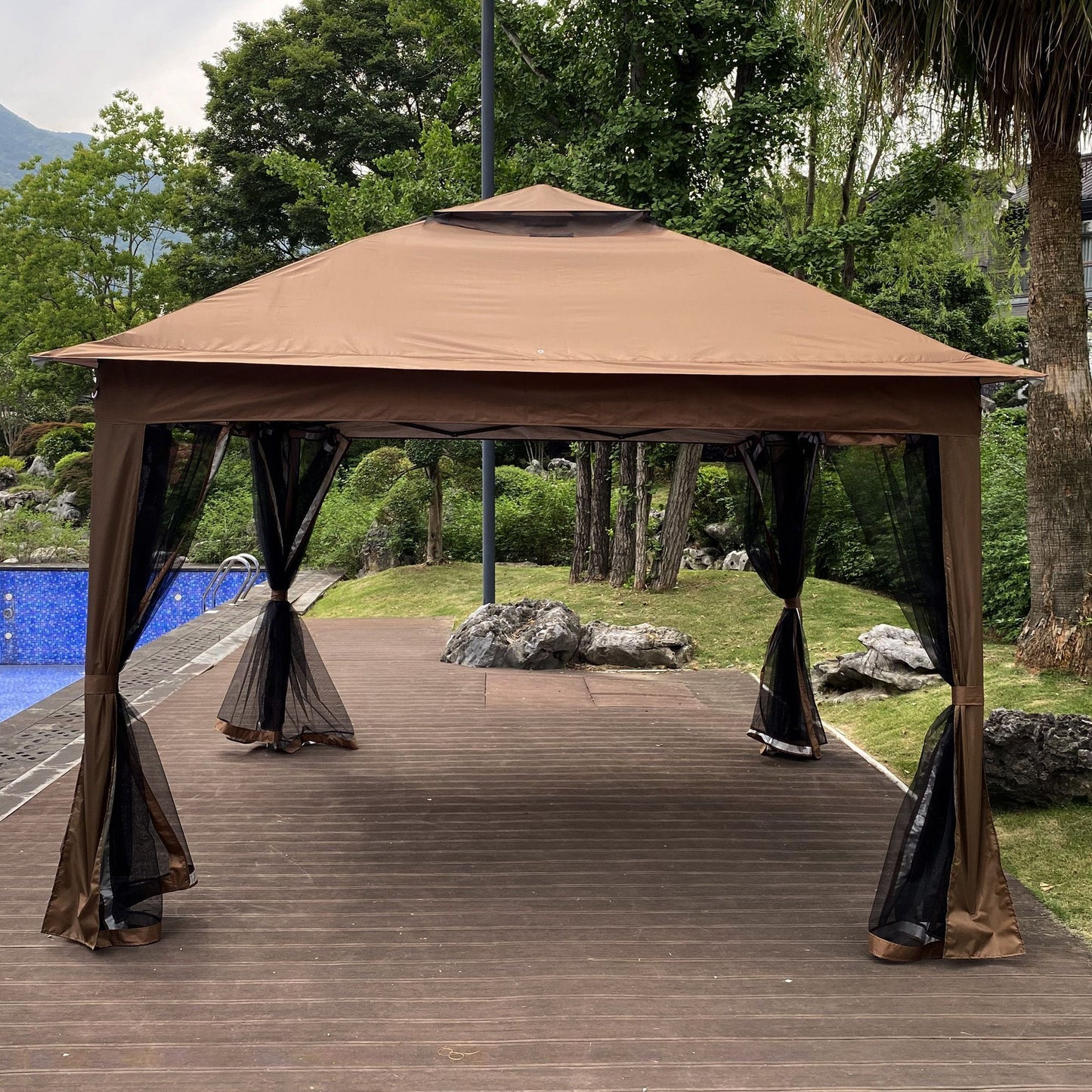 Outdoor 11x 11Ft Pop Up Gazebo Canopy With Removable Zipper Netting,2-Tier Soft Top Event Tent,Suitable For Patio Backyard Garden Camping Area with 4 Sandbags,Brown - Discount Msrp