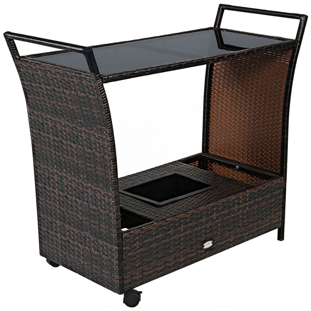 Patio Rattan Bar Serving Cart with Glass Top and Handle - Discount Msrp